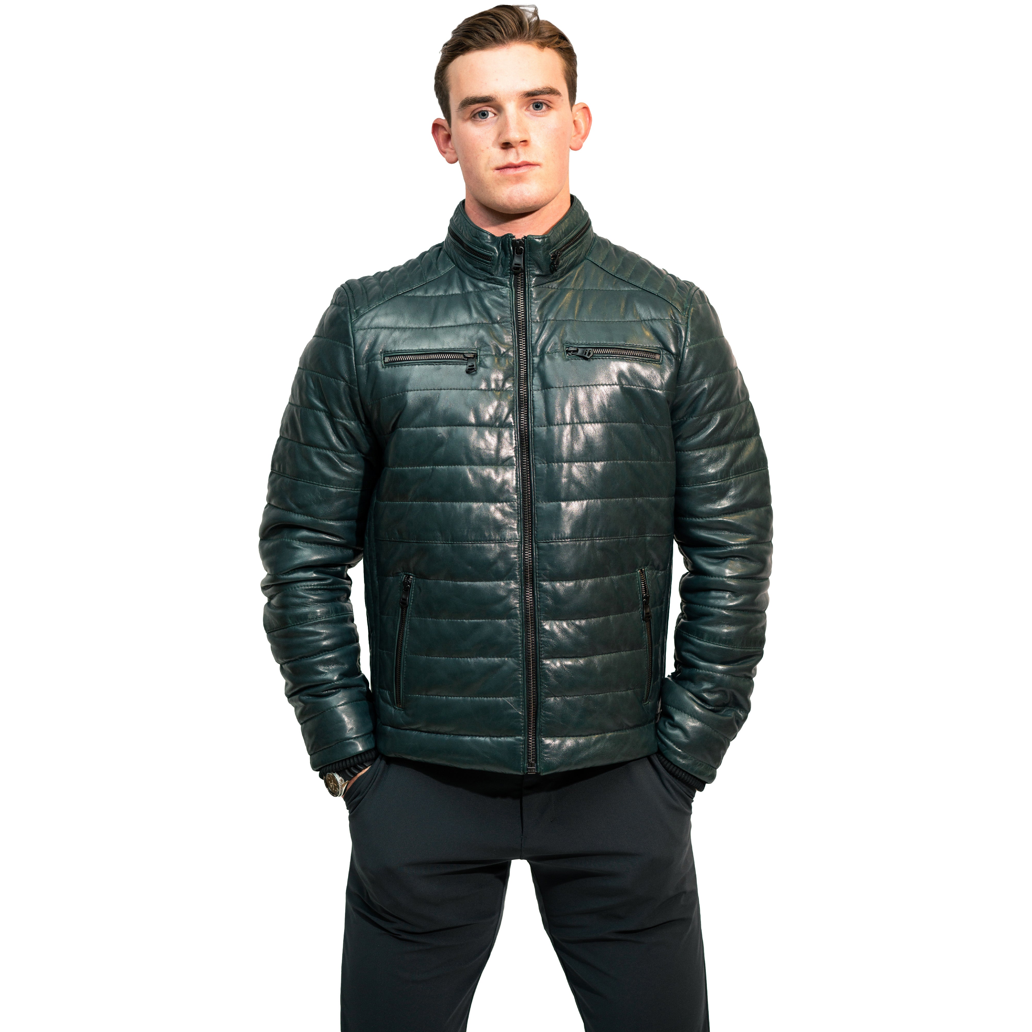 David men's puffer in dark green sheepskin leather - Lure Leather