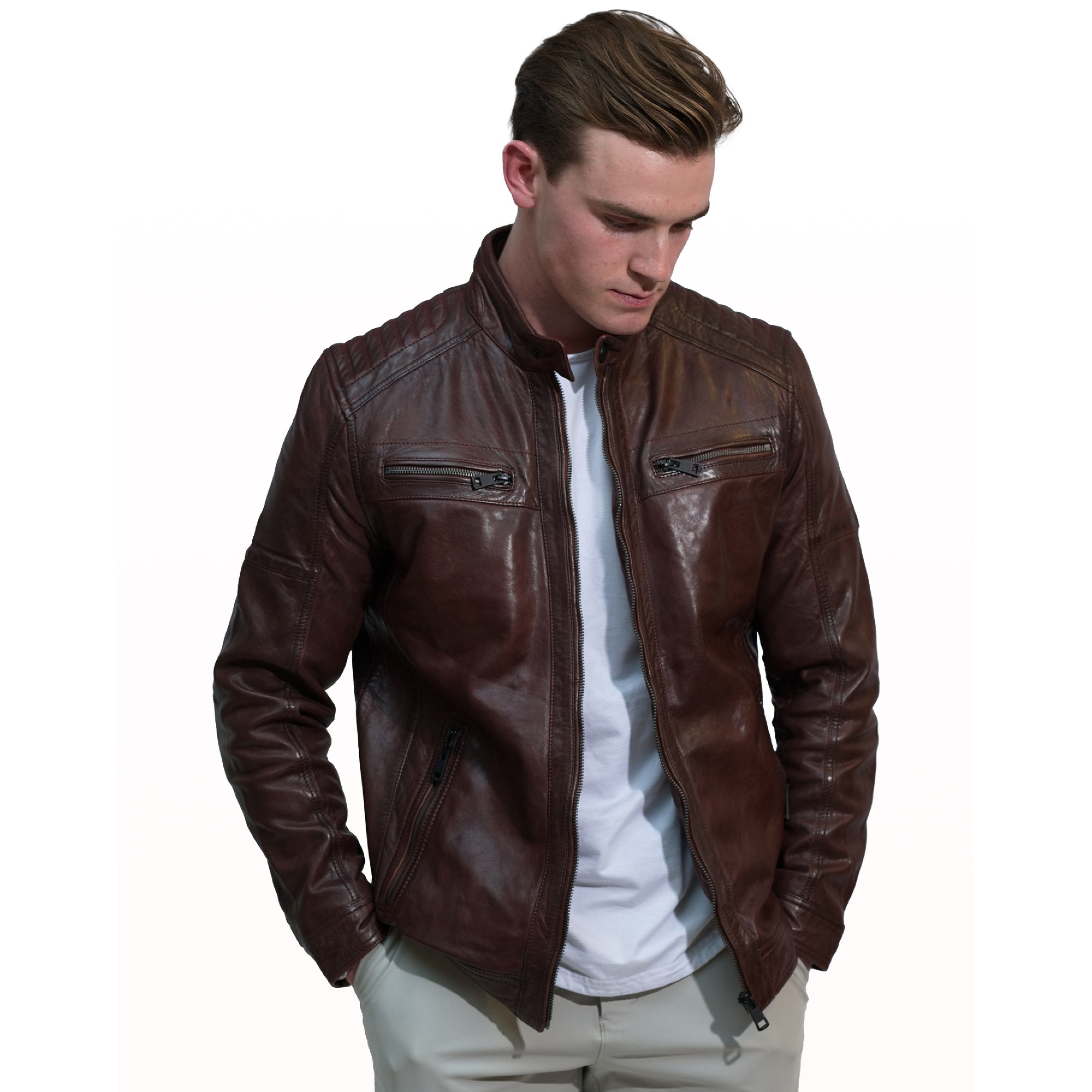 John men's cafe racer in dark cognac sheepskin leather - Lure Leather