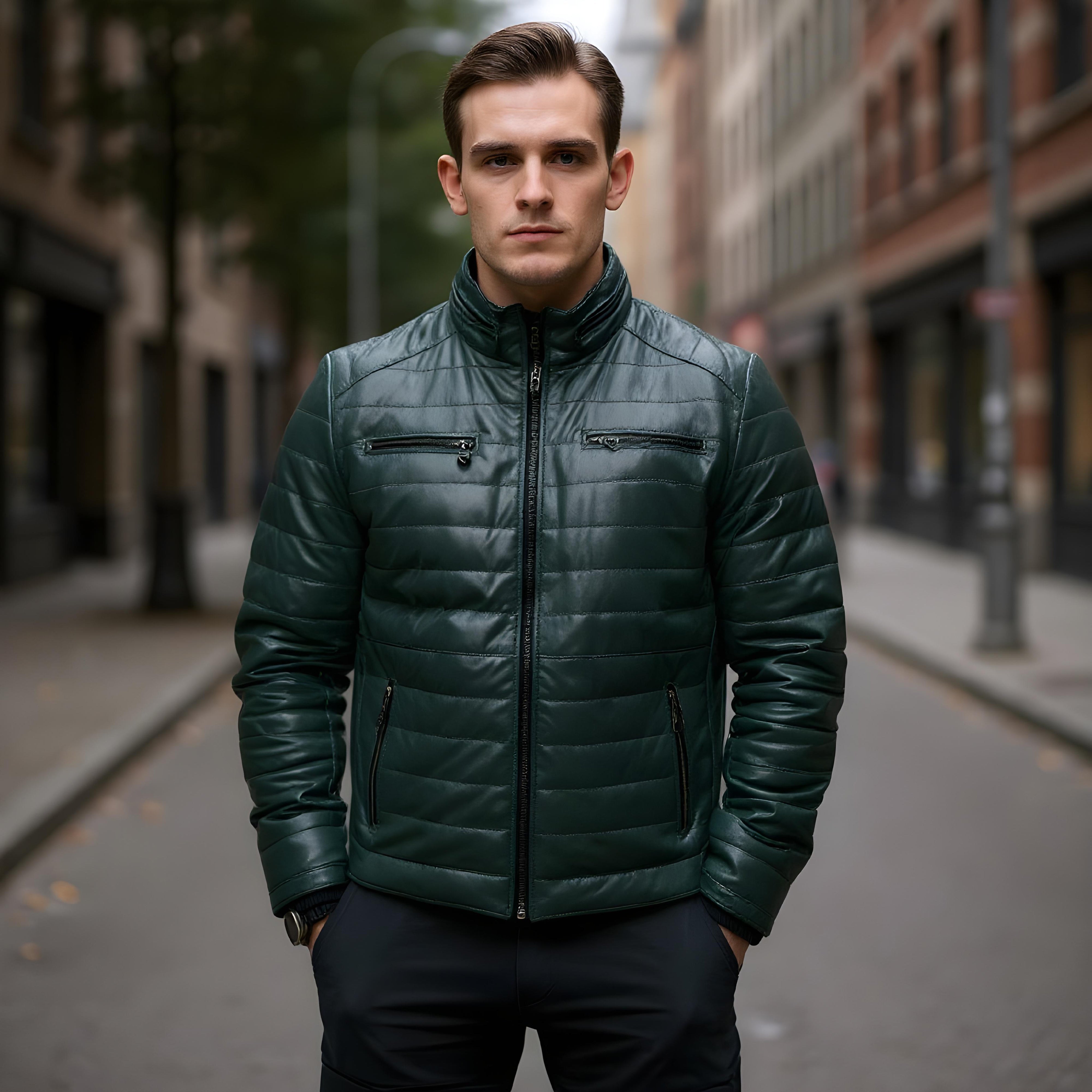 David men's puffer in dark green sheepskin leather - Lure Leather