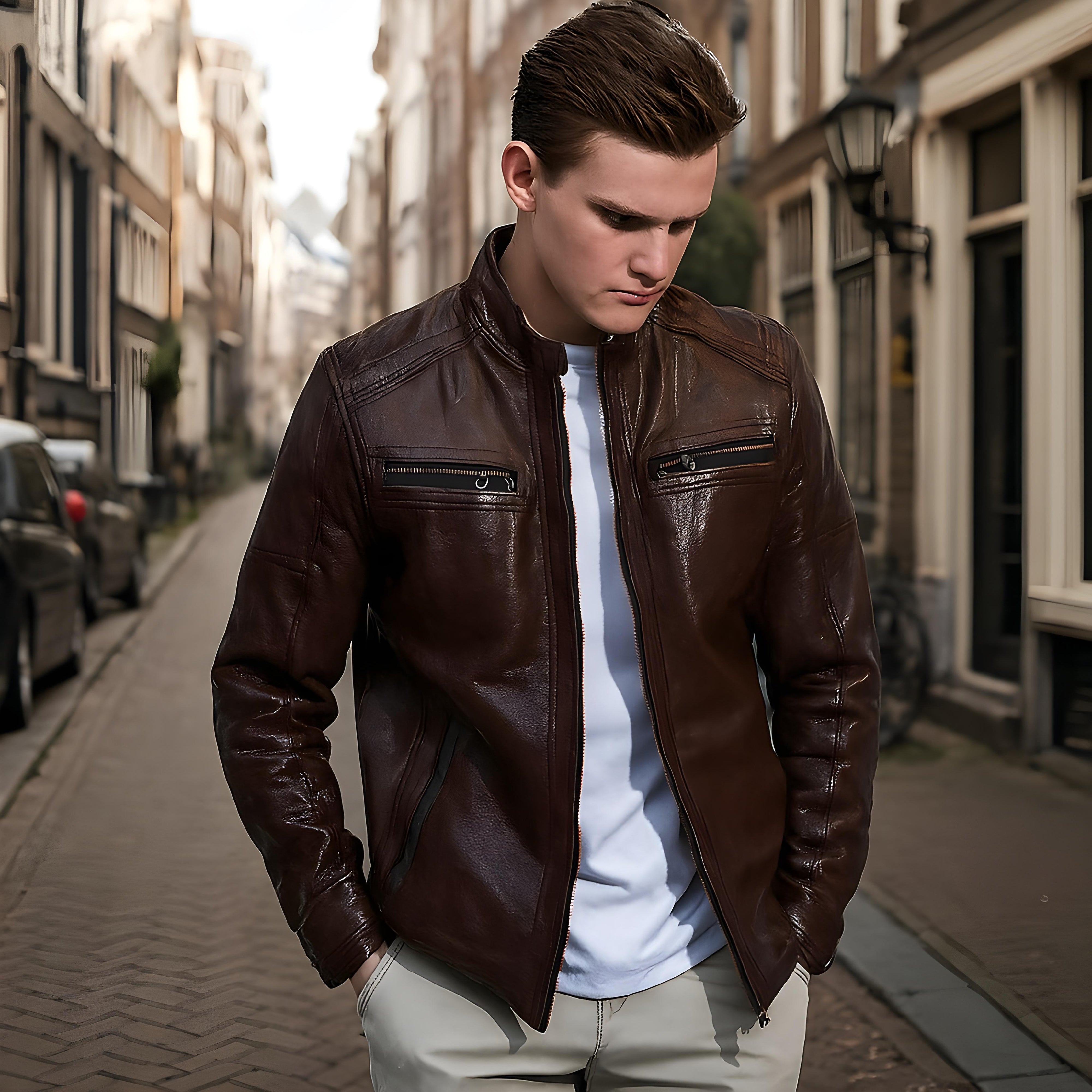 John men's cafe racer in dark cognac sheepskin leather - Lure Leather