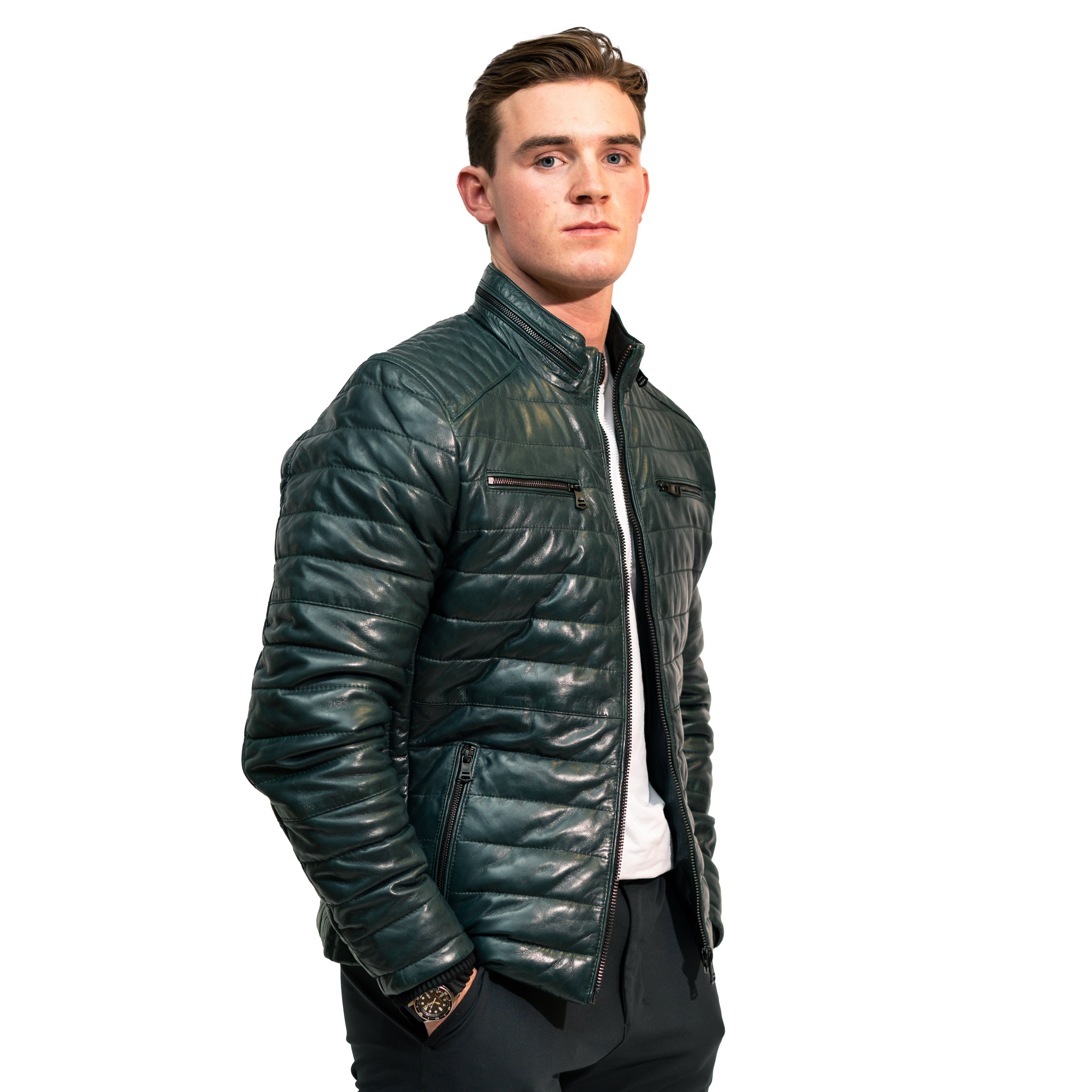 David men's puffer in dark green sheepskin leather - Lure Leather