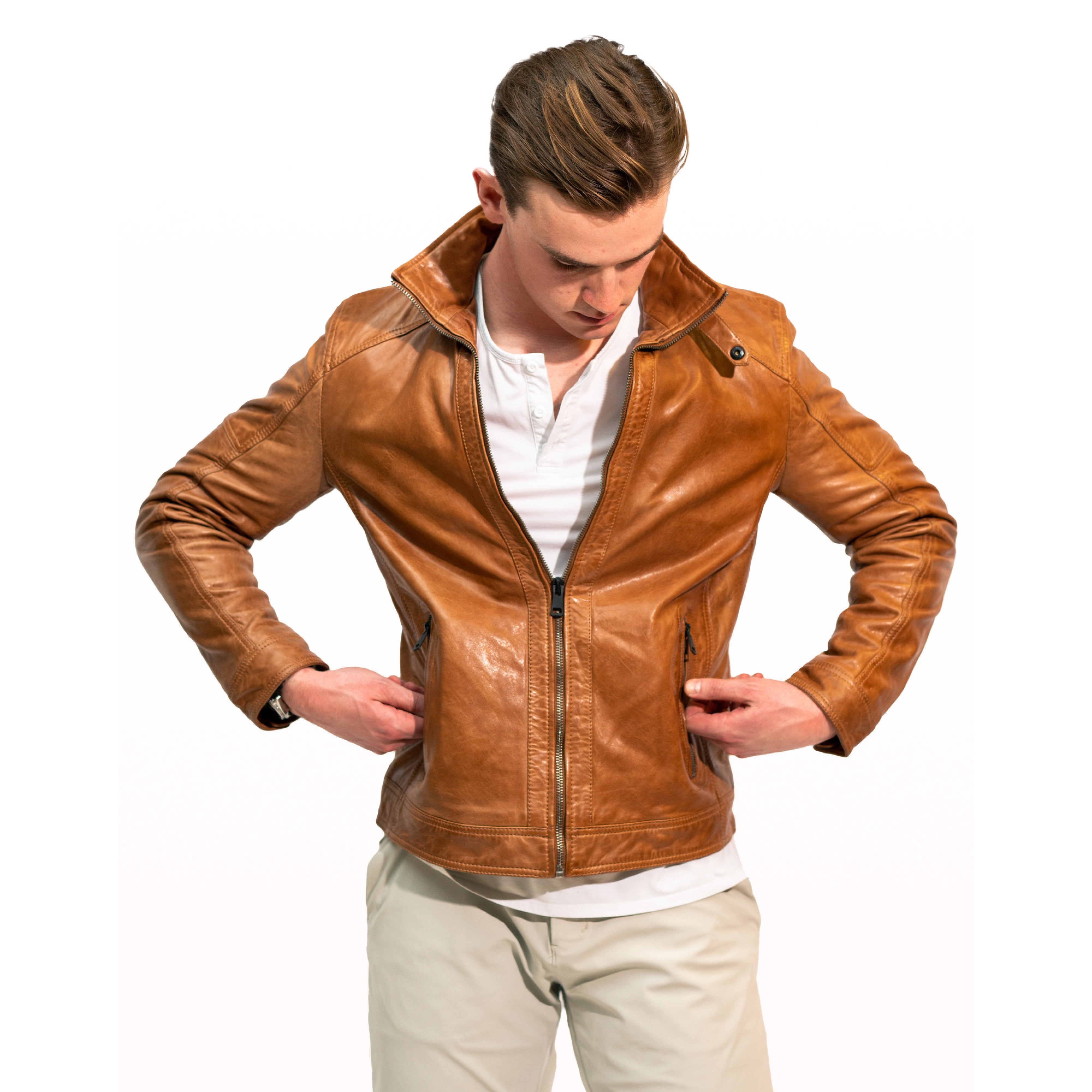 Benjamin Cafe Racer Jacket - Cognac Sheepskin Leather