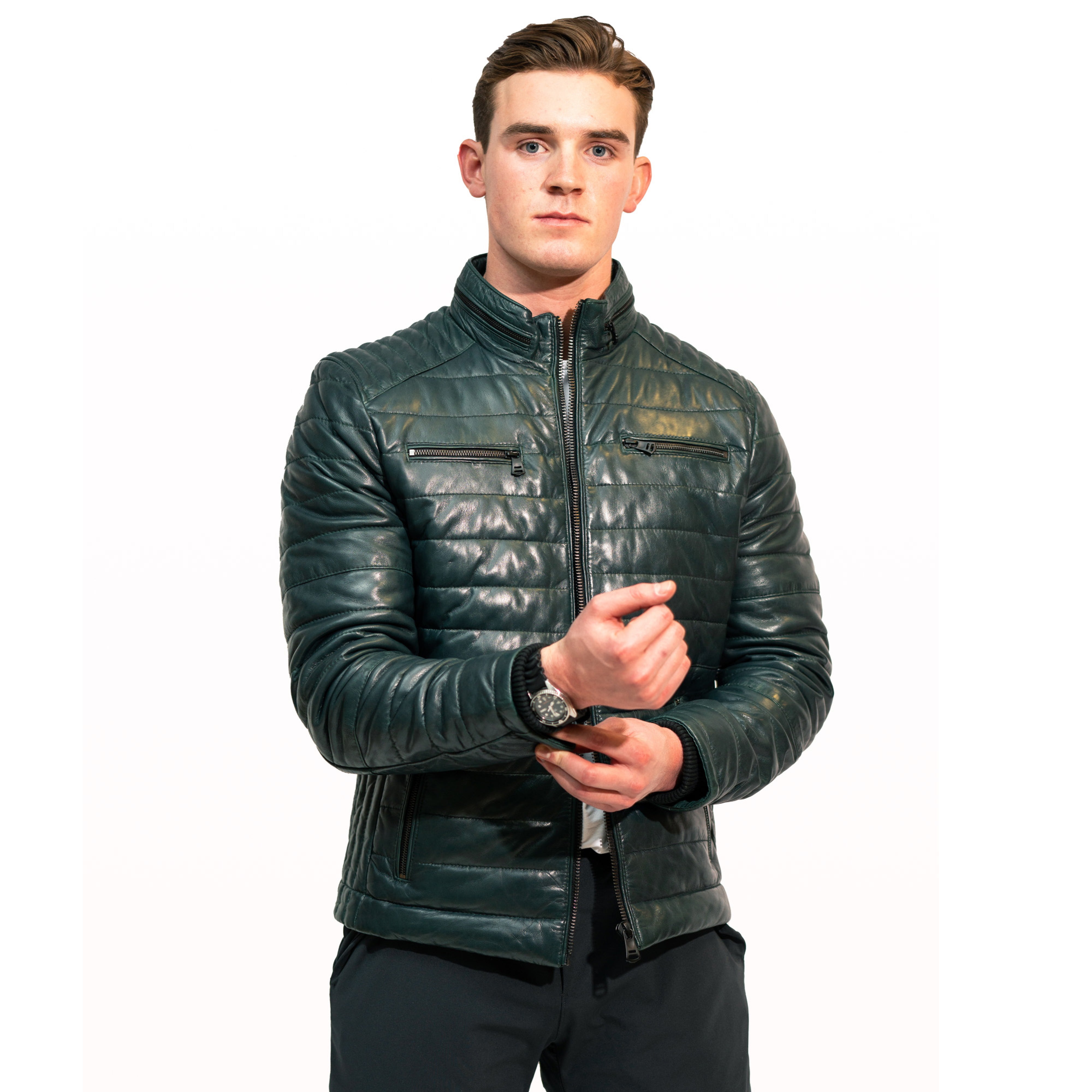 David men's puffer in dark green sheepskin leather - Lure Leather