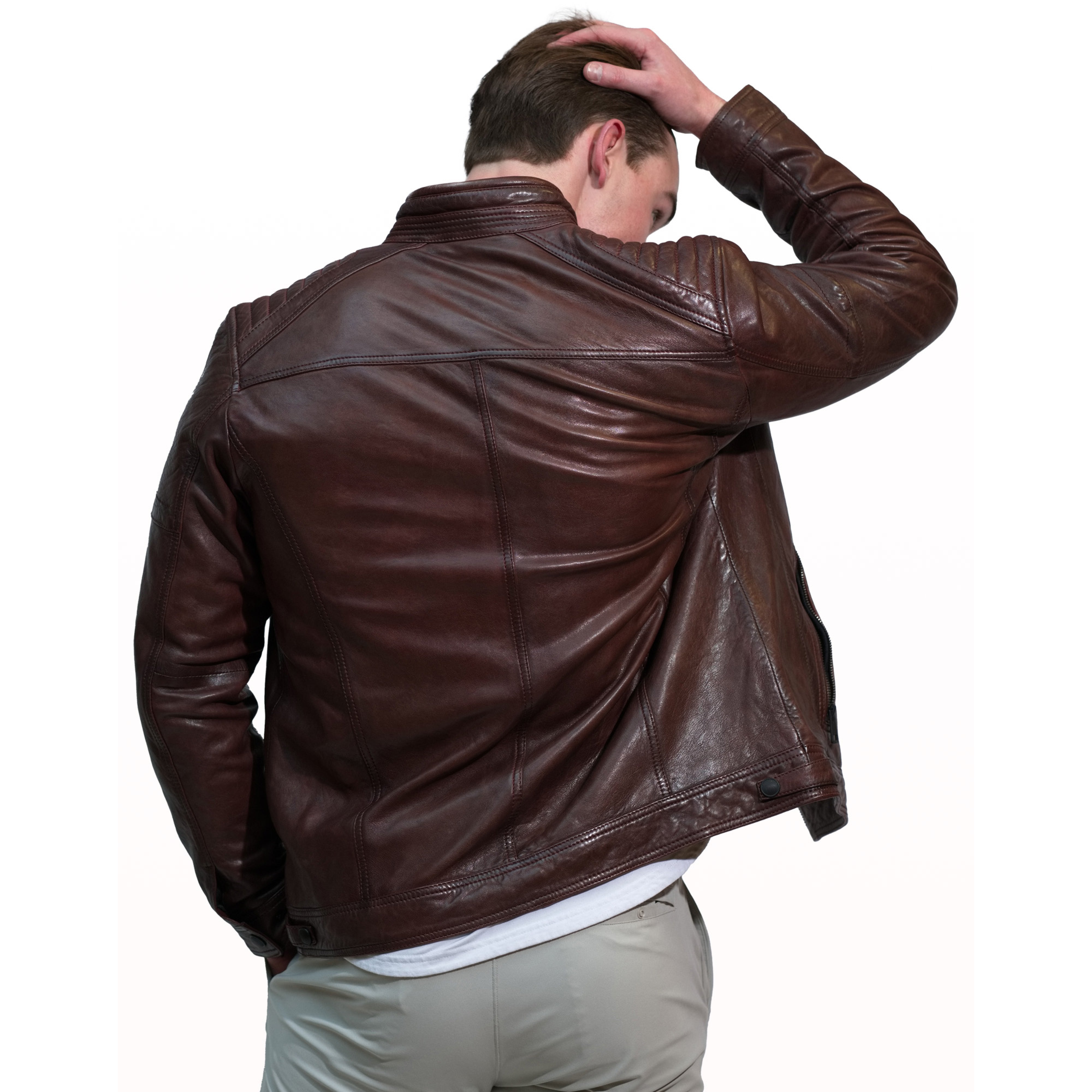 John men's cafe racer in dark cognac sheepskin leather - Lure Leather
