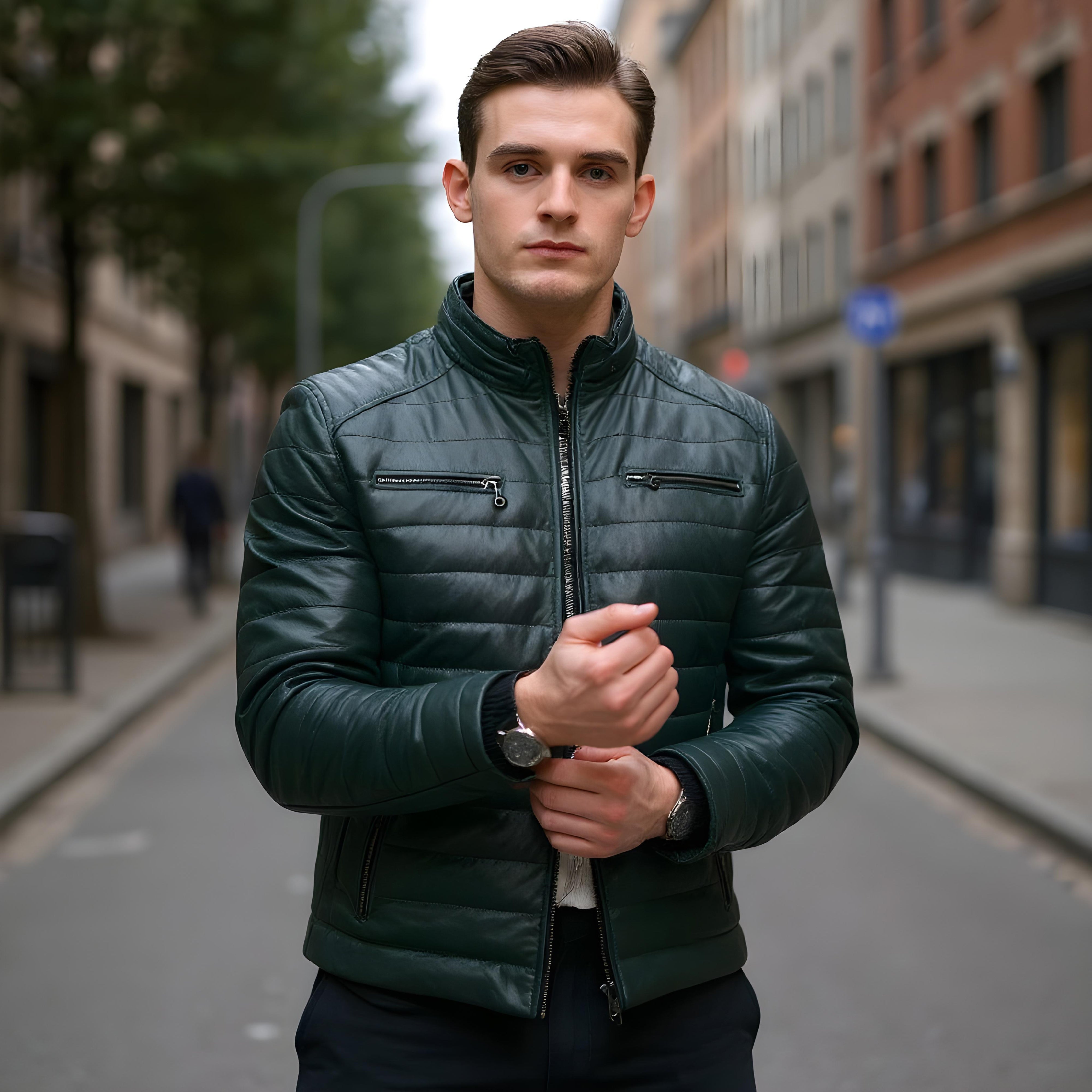 David men's puffer in dark green sheepskin leather - Lure Leather