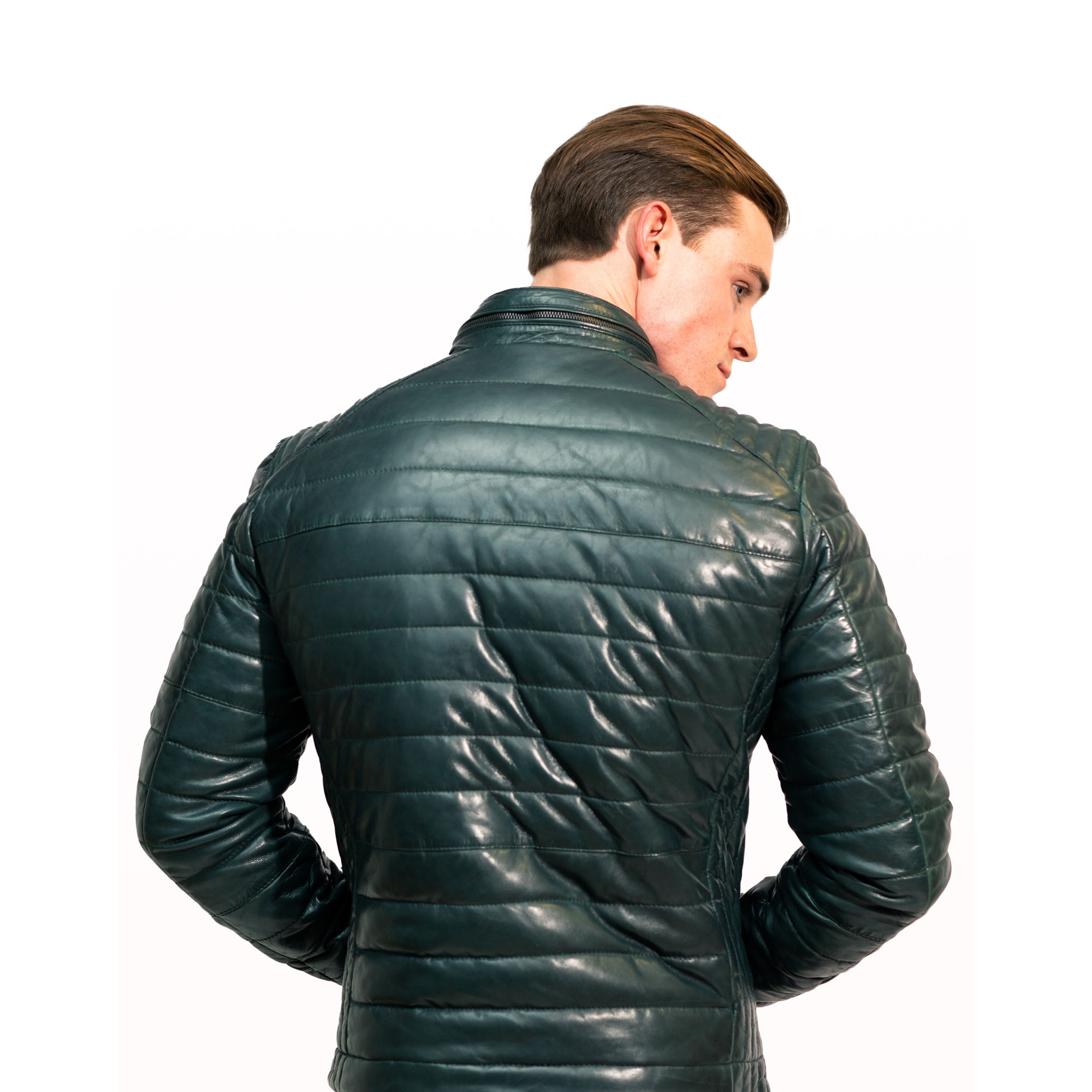 David men's puffer in dark green sheepskin leather - Lure Leather
