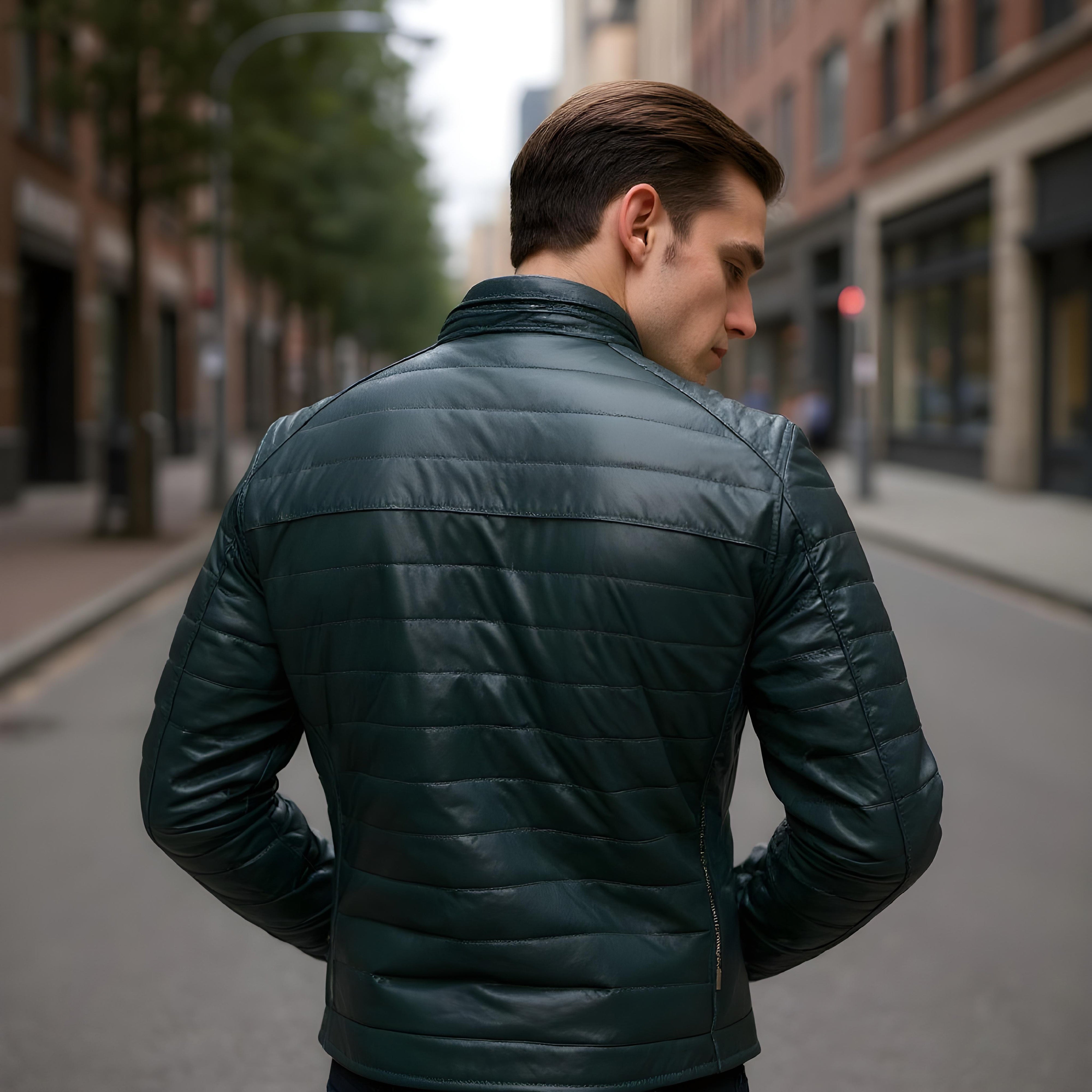 David men's puffer in dark green sheepskin leather - Lure Leather