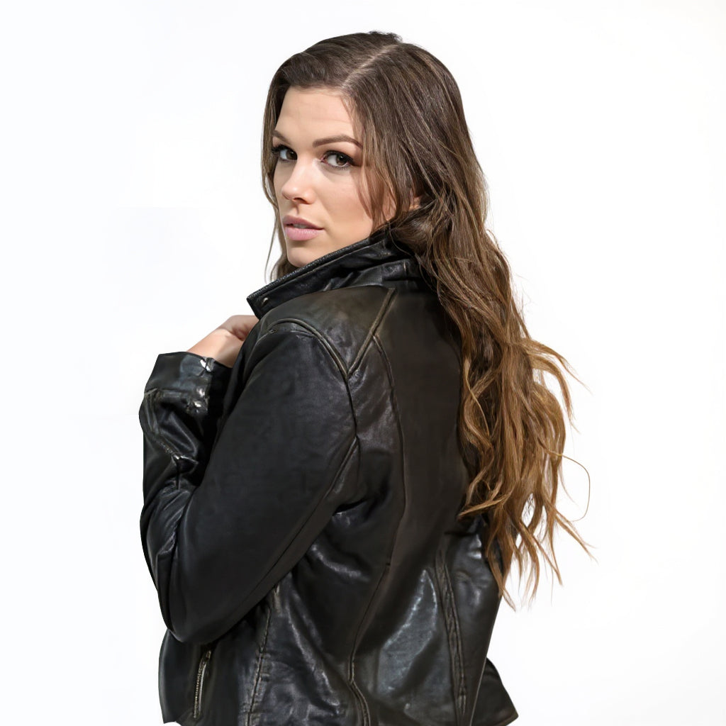 Ammy women's moto biker in black sheepskin leather - Lure Leather