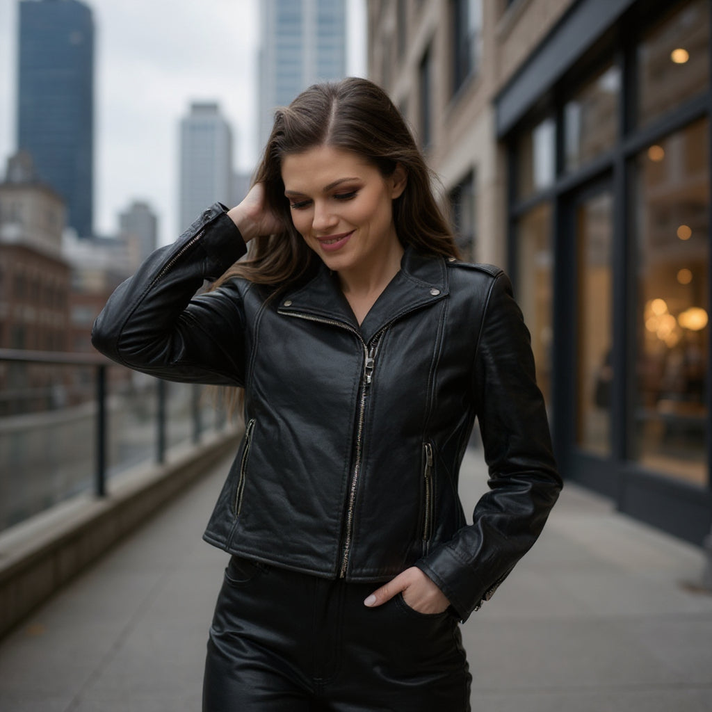 Ammy women's moto biker in black sheepskin leather - Lure Leather