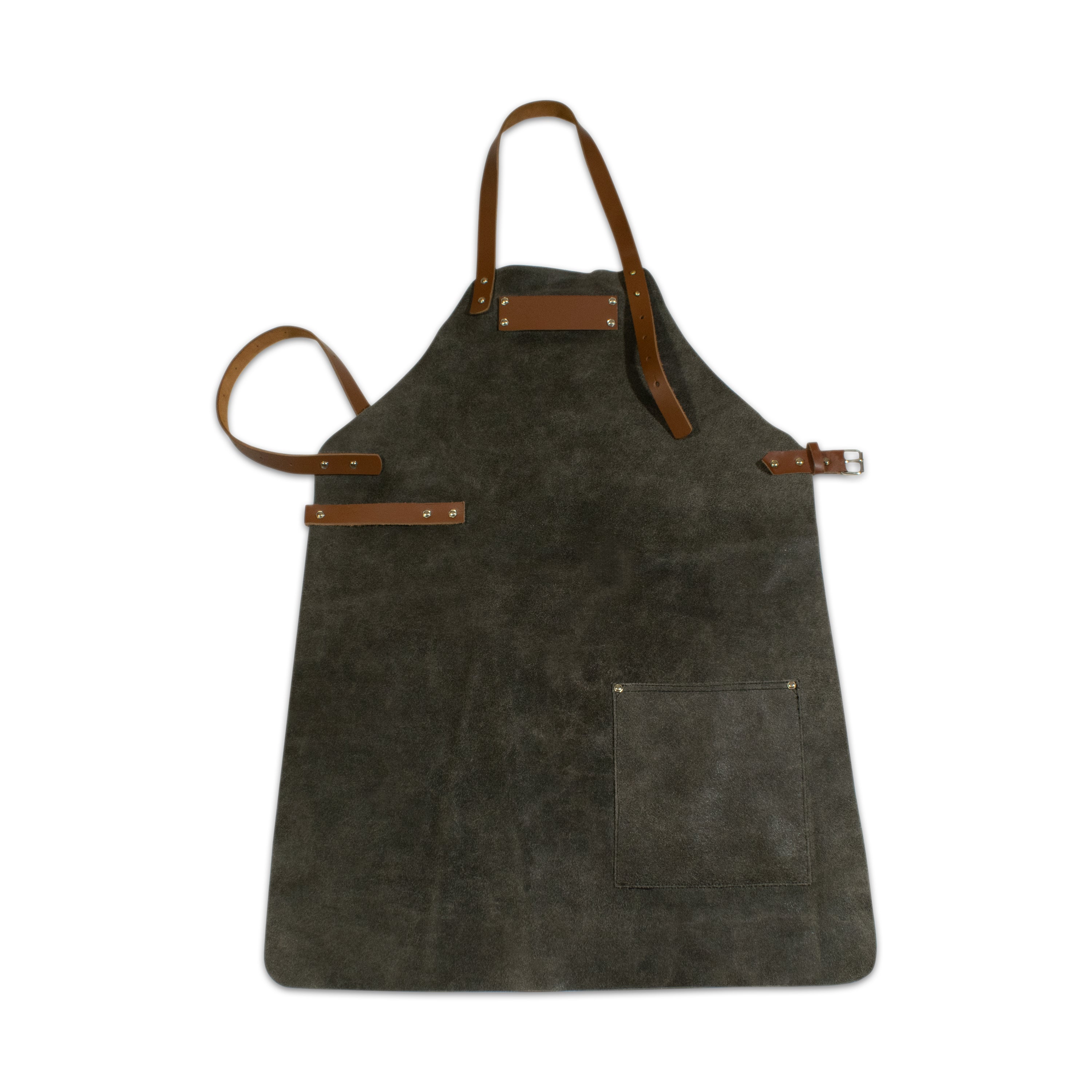 Grey suede leather bib apron with tool pocket and tan leather neck strap, front view