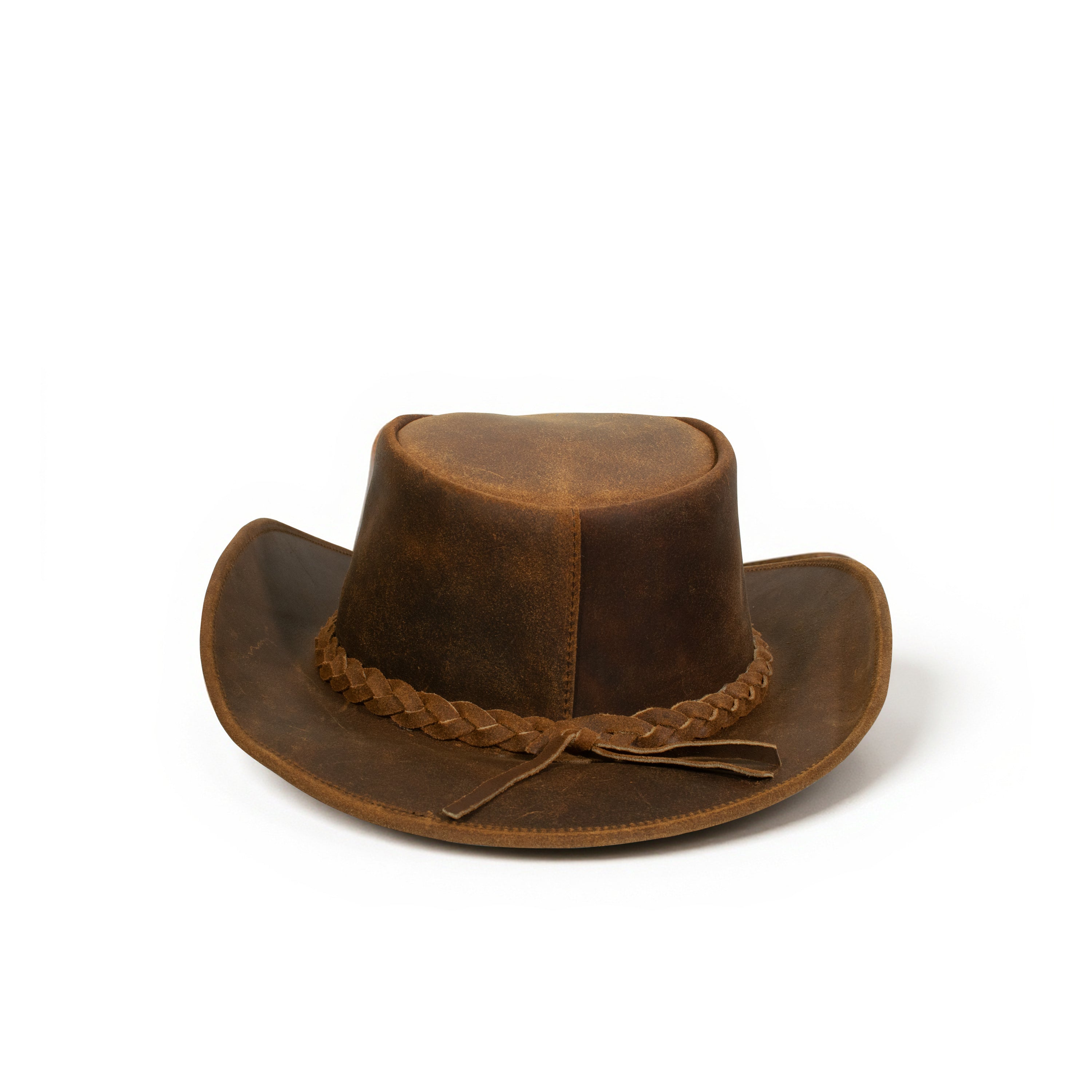 Craft Colt Crushable Water Buffalo Leather Cowboy Hat — Rust Distressed Wide Brim Outback with Braided Suede Band
