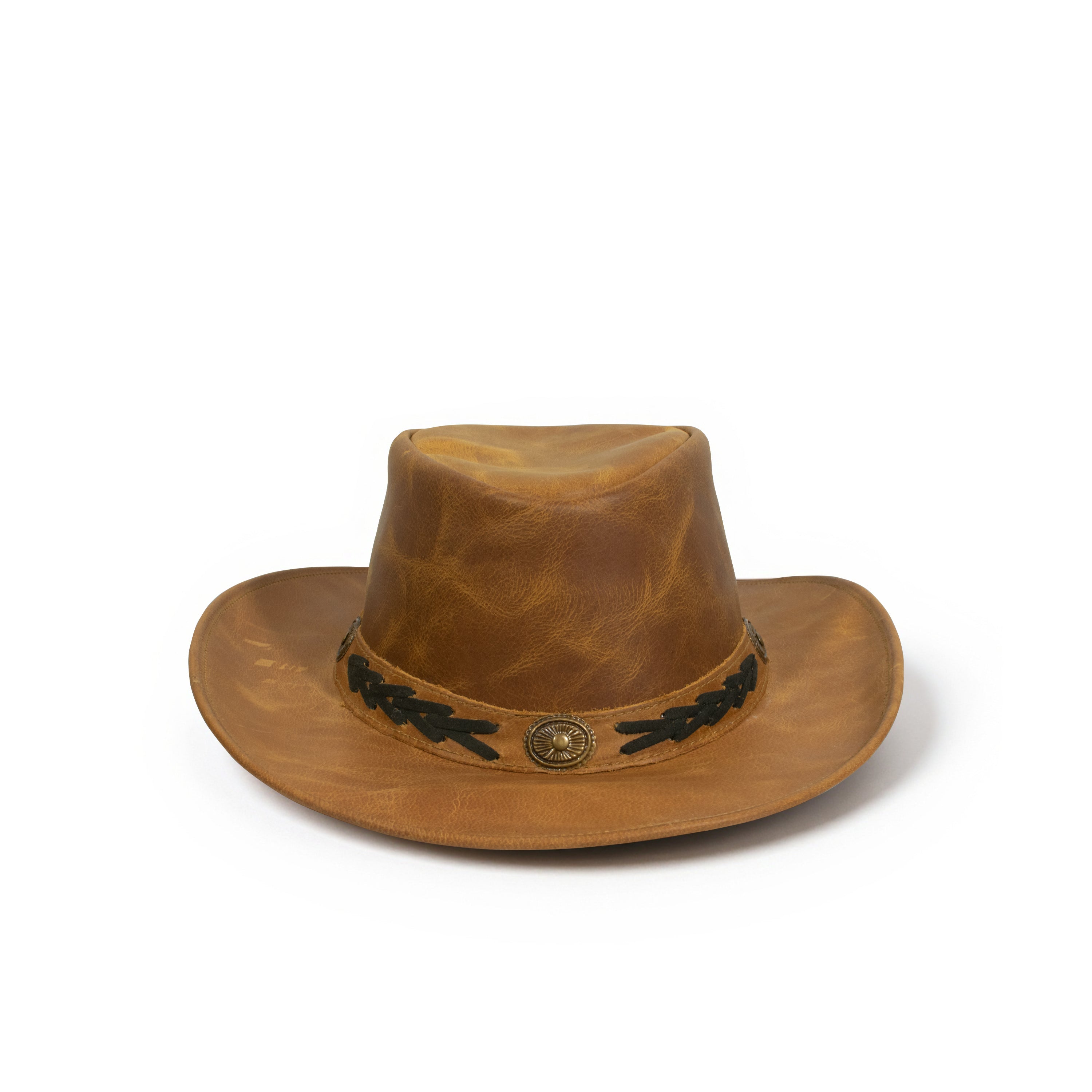Craft Colt Crushable Water Buffalo Leather Cowboy Hat — Tan Wide Brim Western with Black-Laced Concho Band