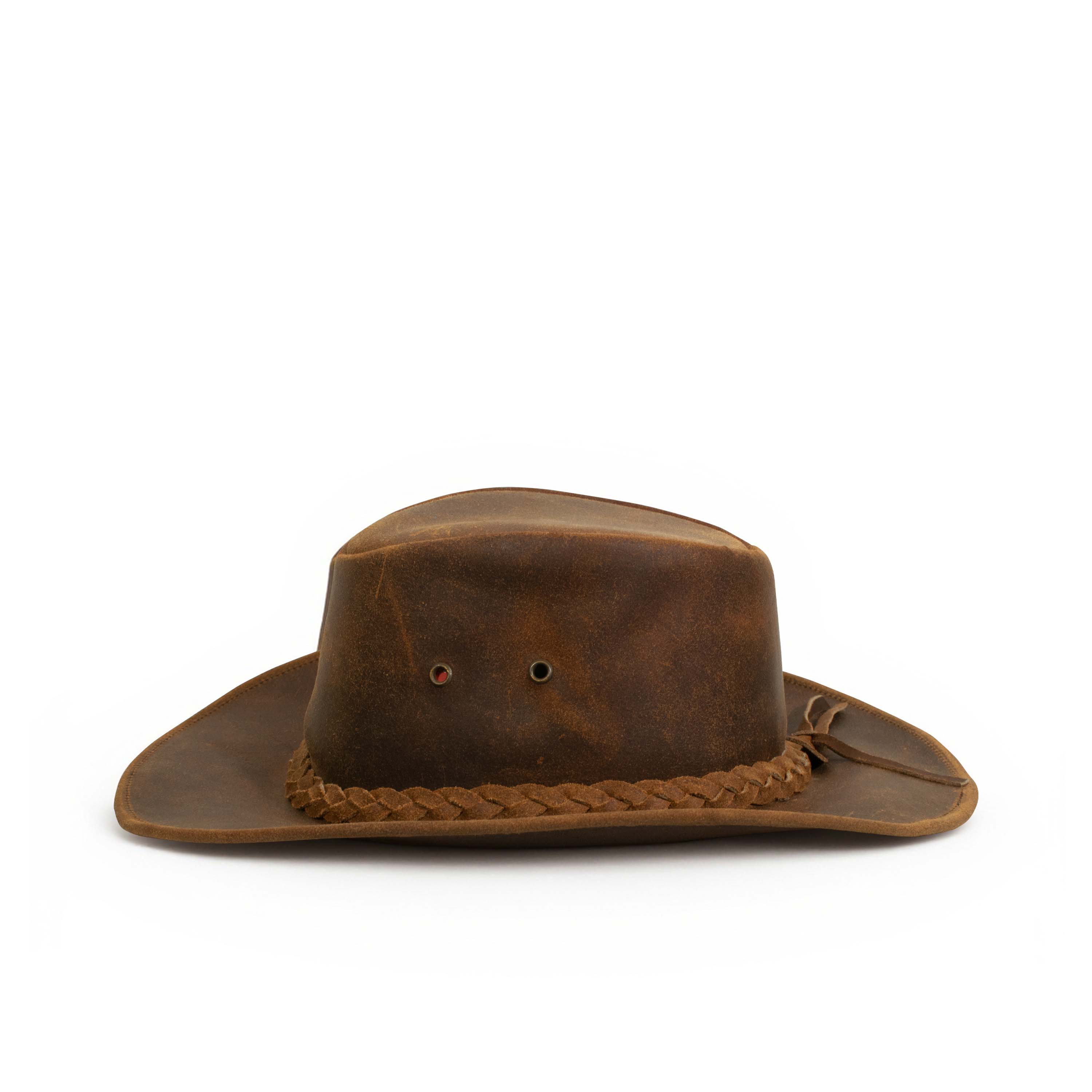 Craft Colt Crushable Water Buffalo Leather Cowboy Hat — Rust Distressed Wide Brim Outback with Braided Suede Band
