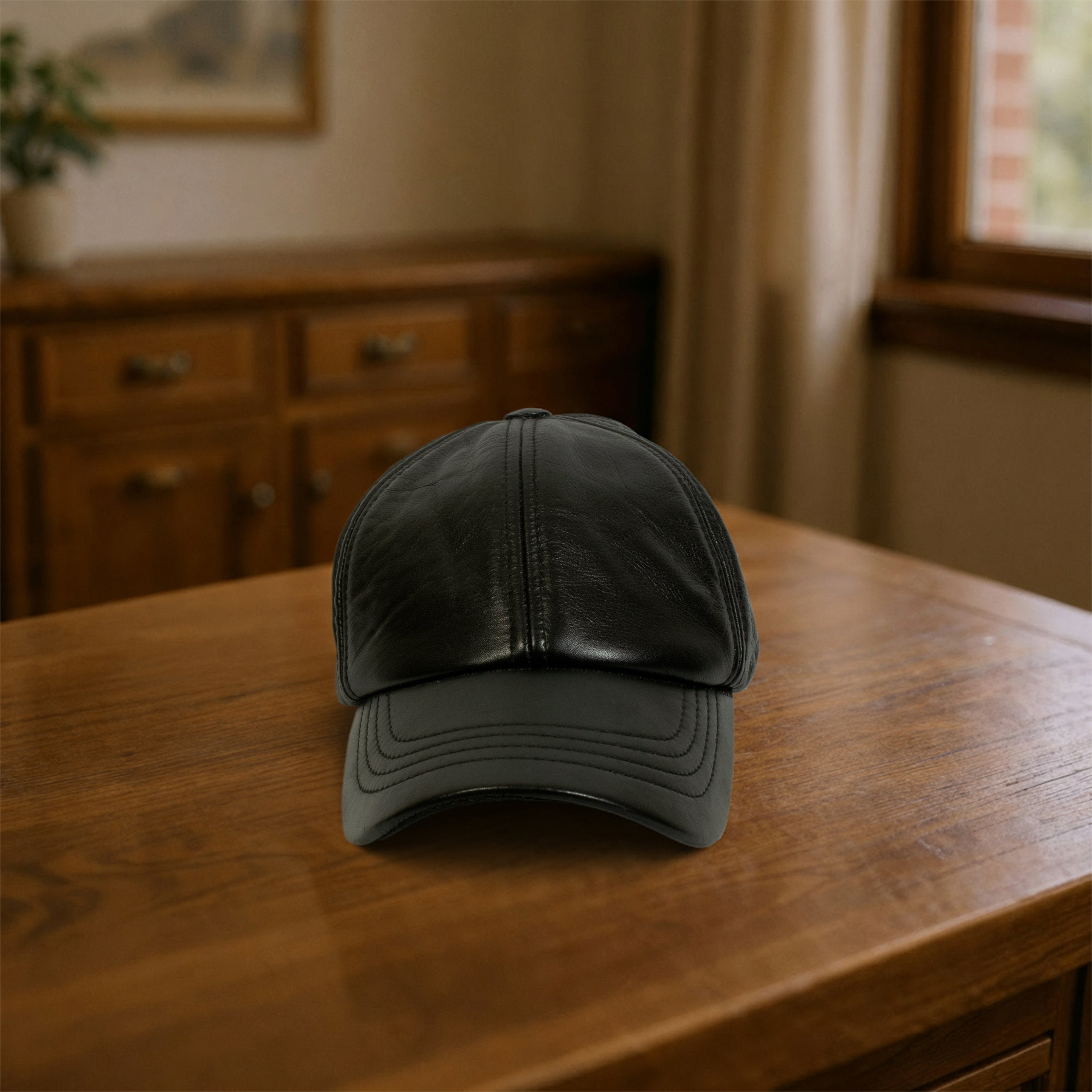 Craft Colt Genuine Leather Baseball Cap — Black 6-Panel with Curved Peak & Adjustable Rear Strap