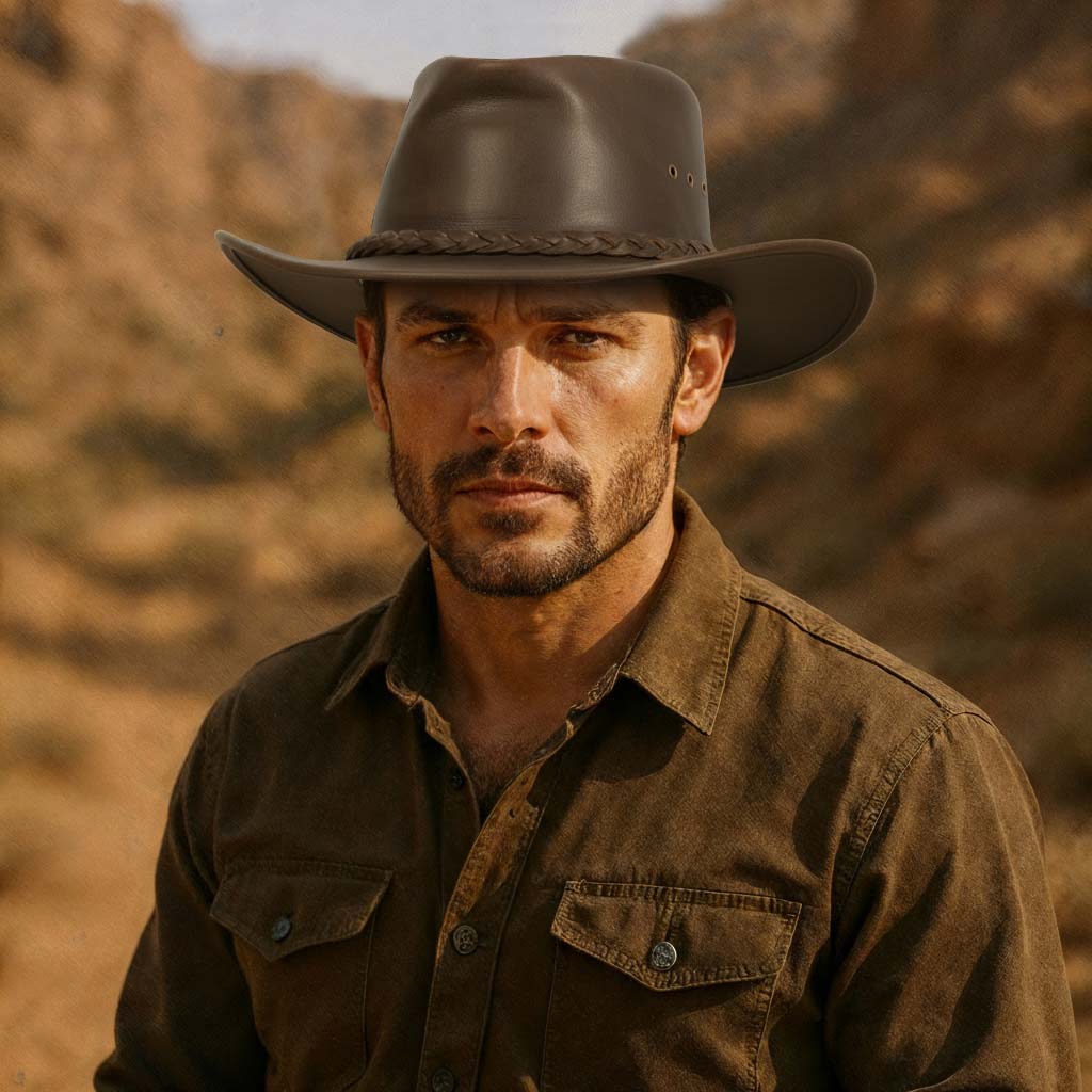 Craft Colt Crushable Water Buffalo Leather Cowboy Hat — Dark Chocolate Wide Brim Outback with Triple Concho Studded Band