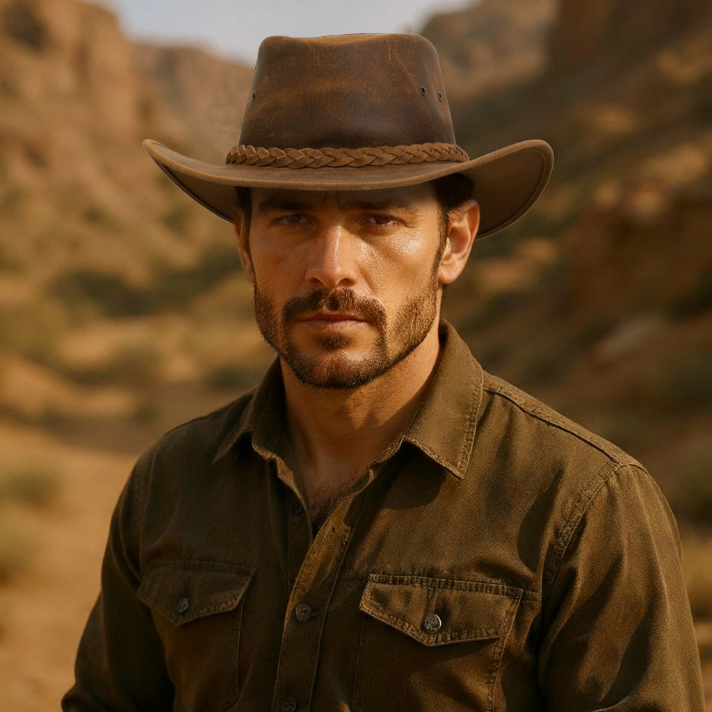 Craft Colt Crushable Water Buffalo Leather Cowboy Hat — Rust Distressed Wide Brim Outback with Braided Suede Band