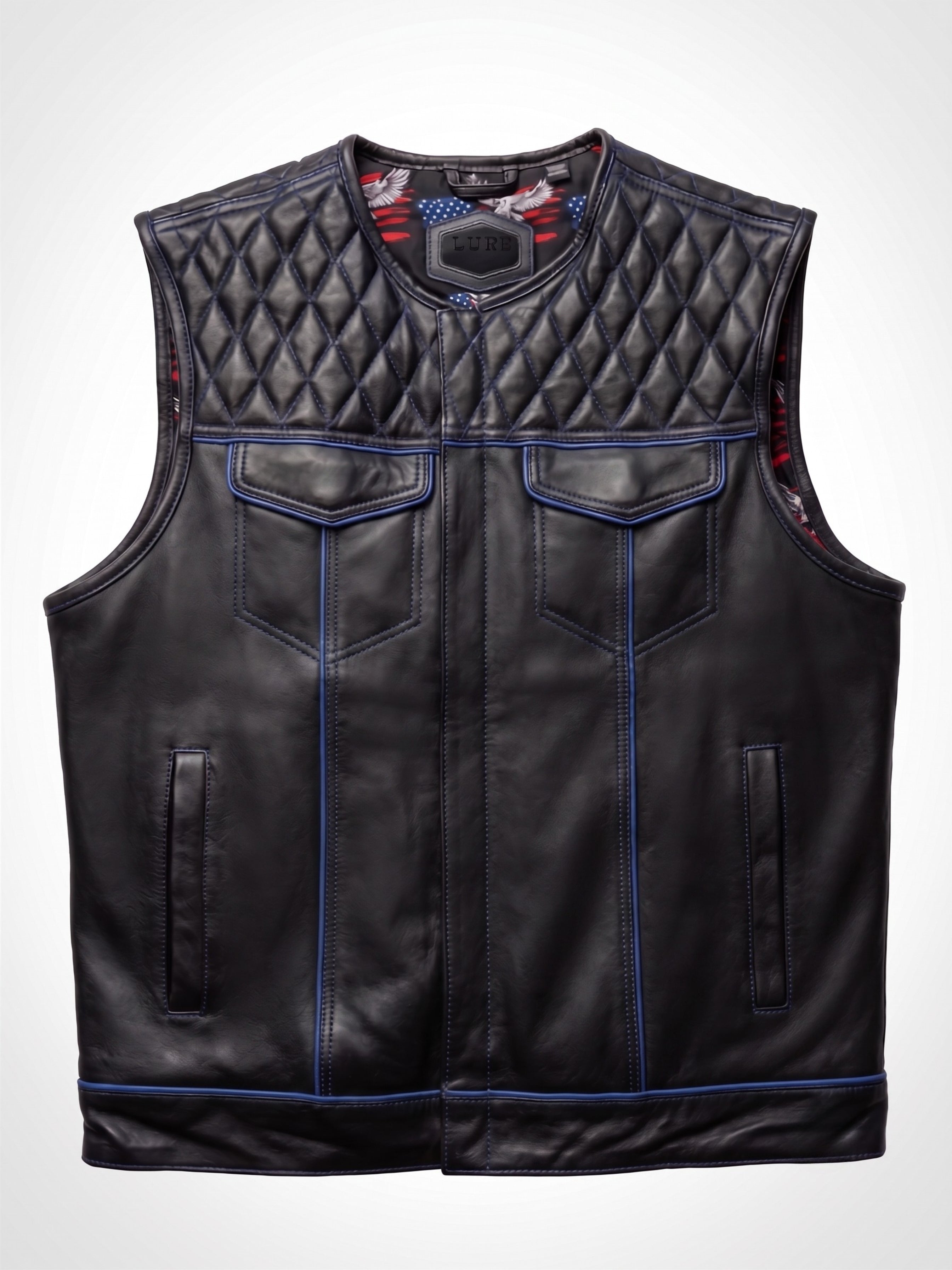Diamond Quilted Leather Motorcycle Club Vest - Black/Blue