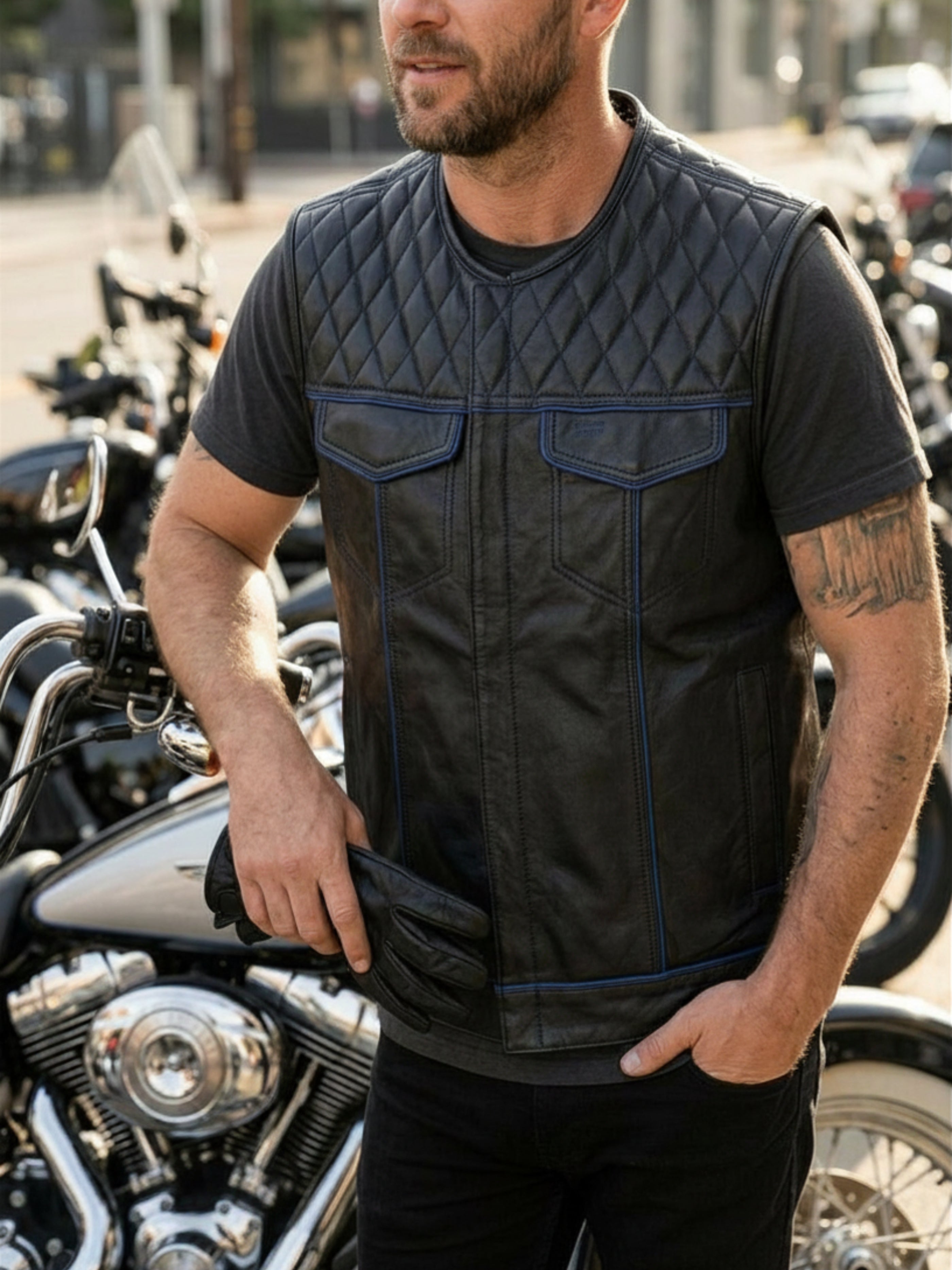 Diamond Quilted Leather Motorcycle Club Vest - Black/Blue