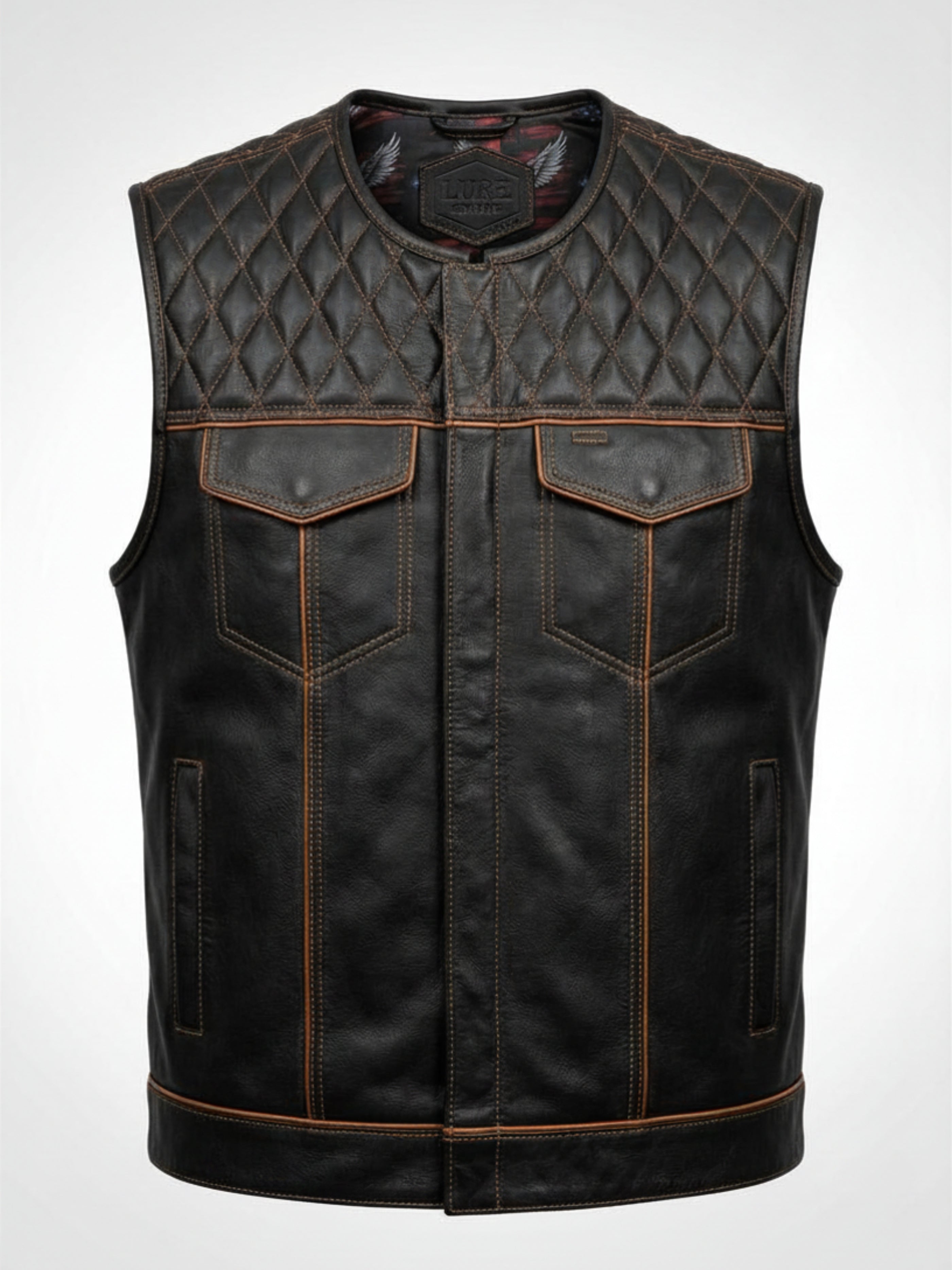 Diamond Quilted Leather Motorcycle Club Vest - Black/Orange