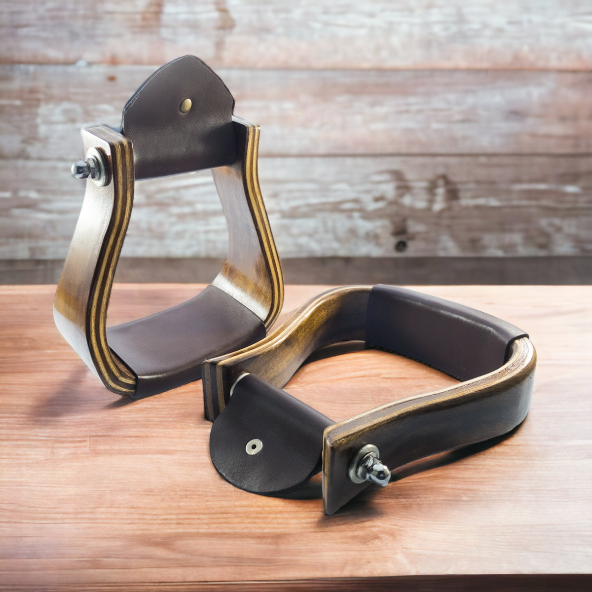 Western Style Wooden Bell Saddle Stirrup Leather Covered