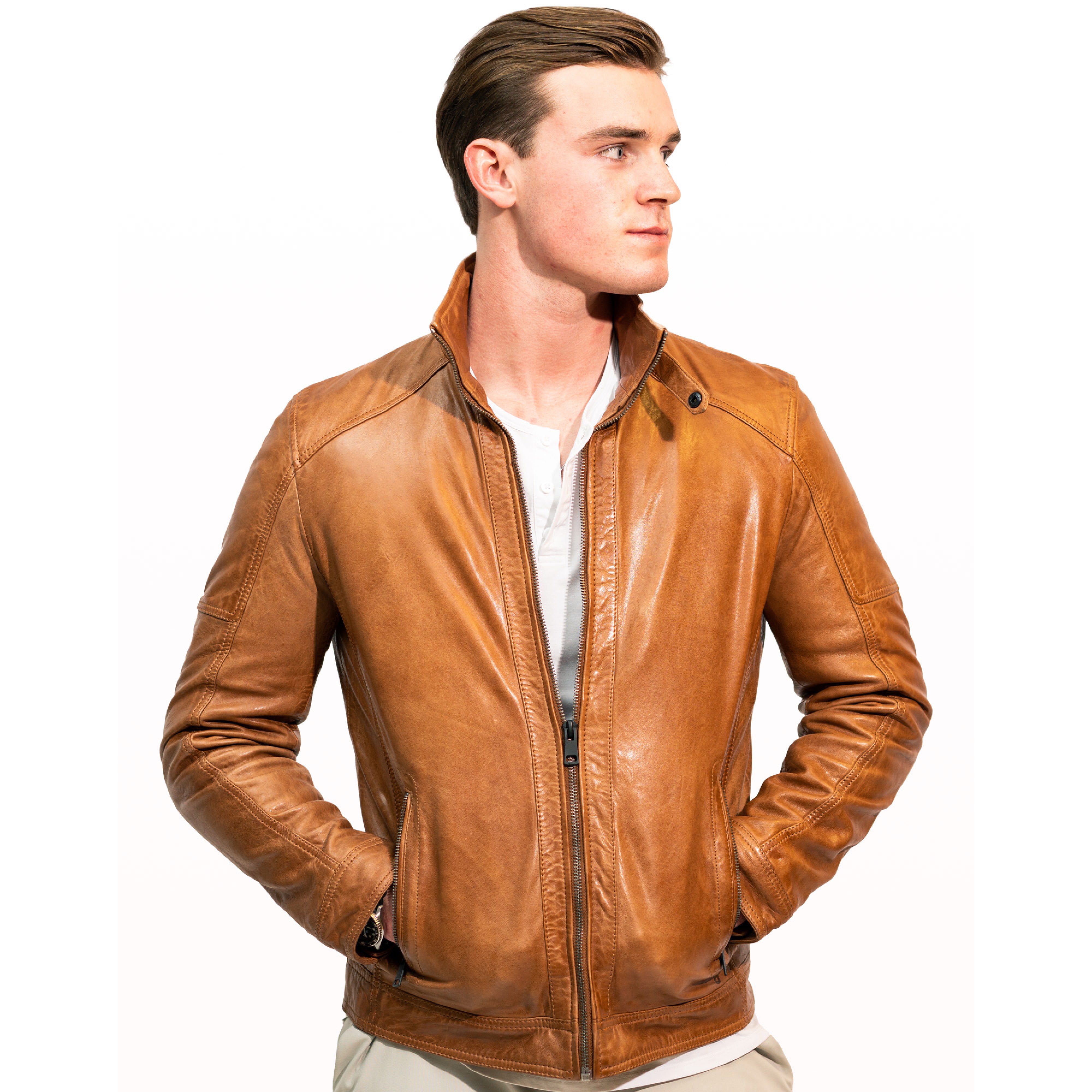 Benjamin Cafe Racer Jacket - Cognac Sheepskin Leather