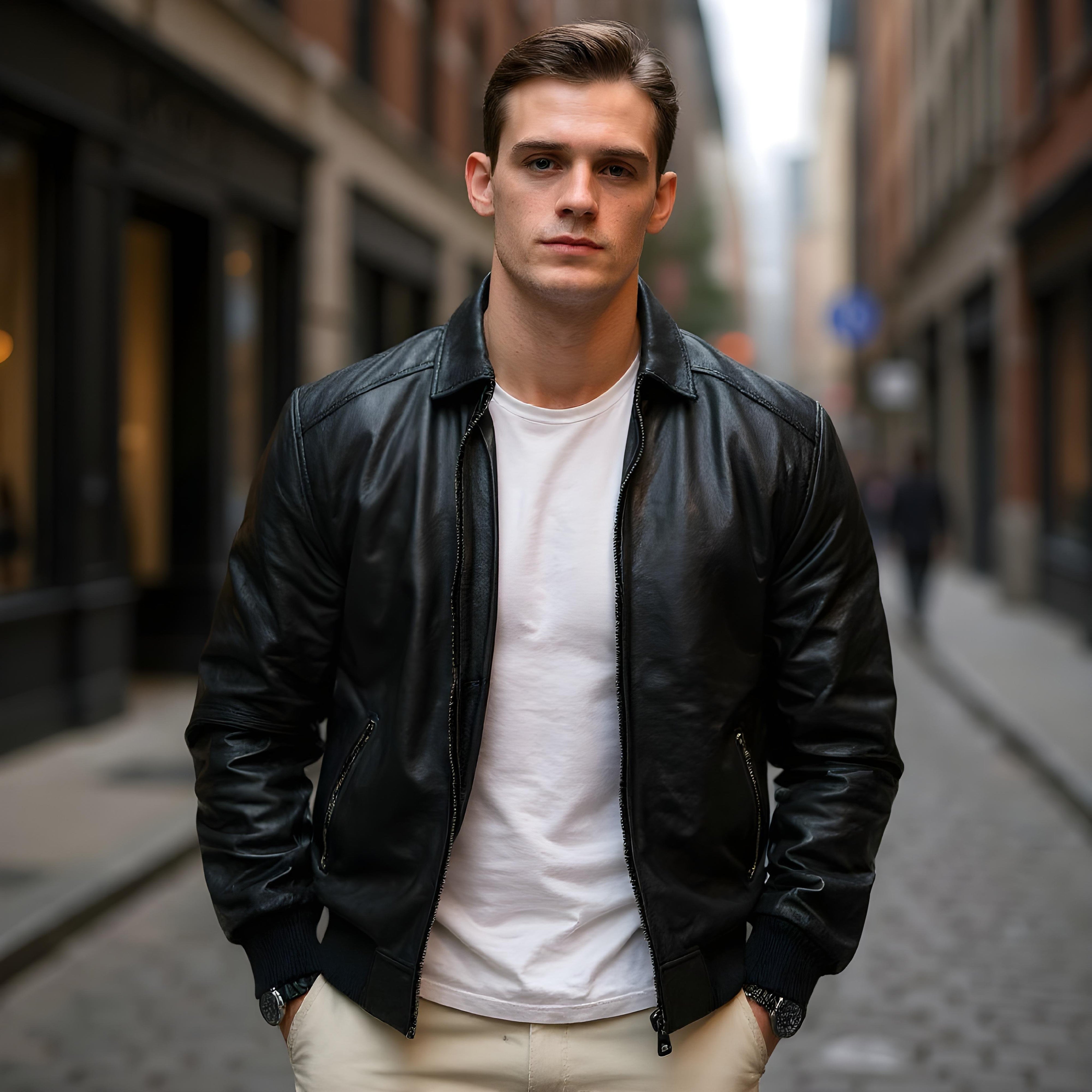 Michael men's bomber in black sheepskin leather - Lure Leather