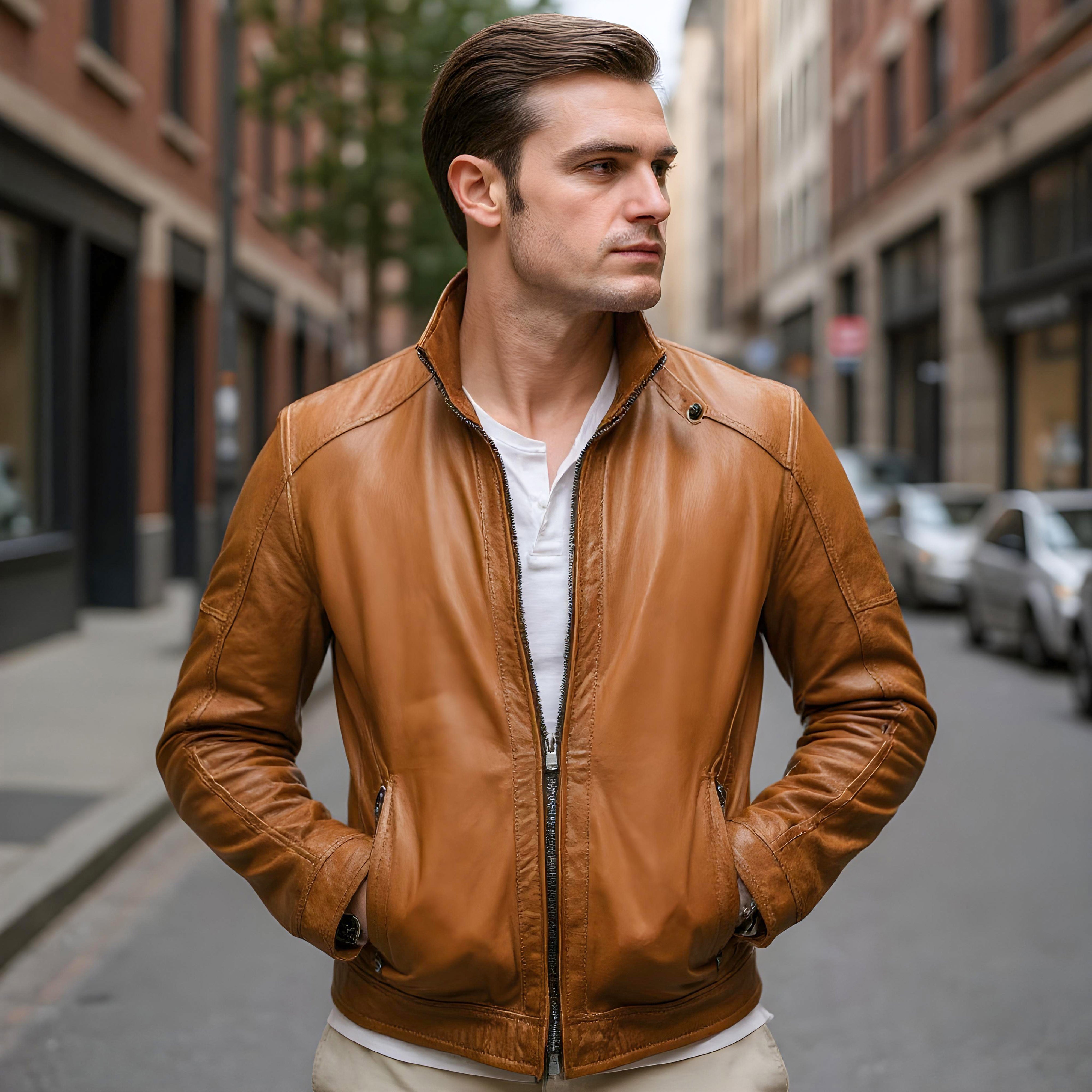 Benjamin Cafe Racer Jacket - Cognac Sheepskin Leather