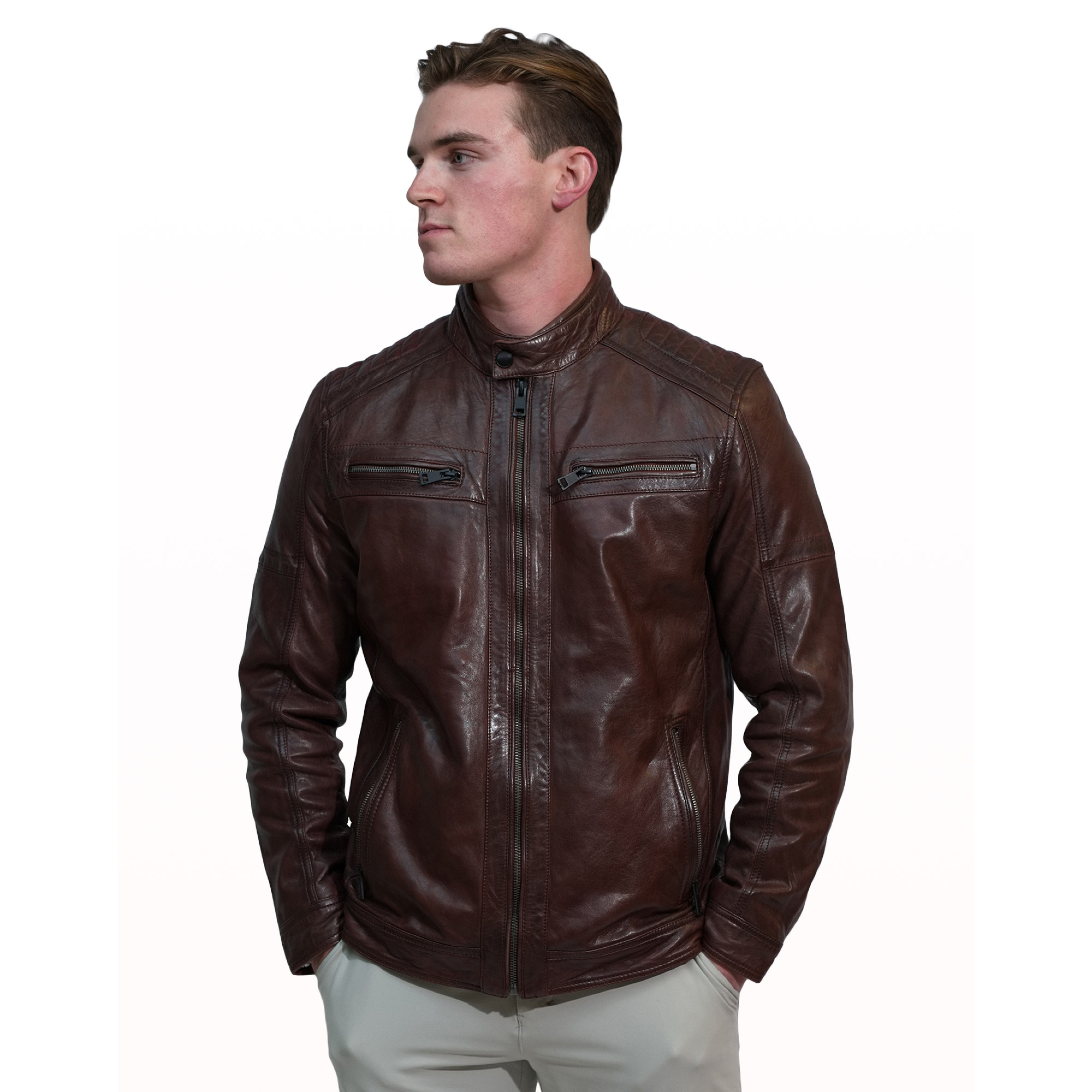 John men's cafe racer in dark cognac sheepskin leather - Lure Leather