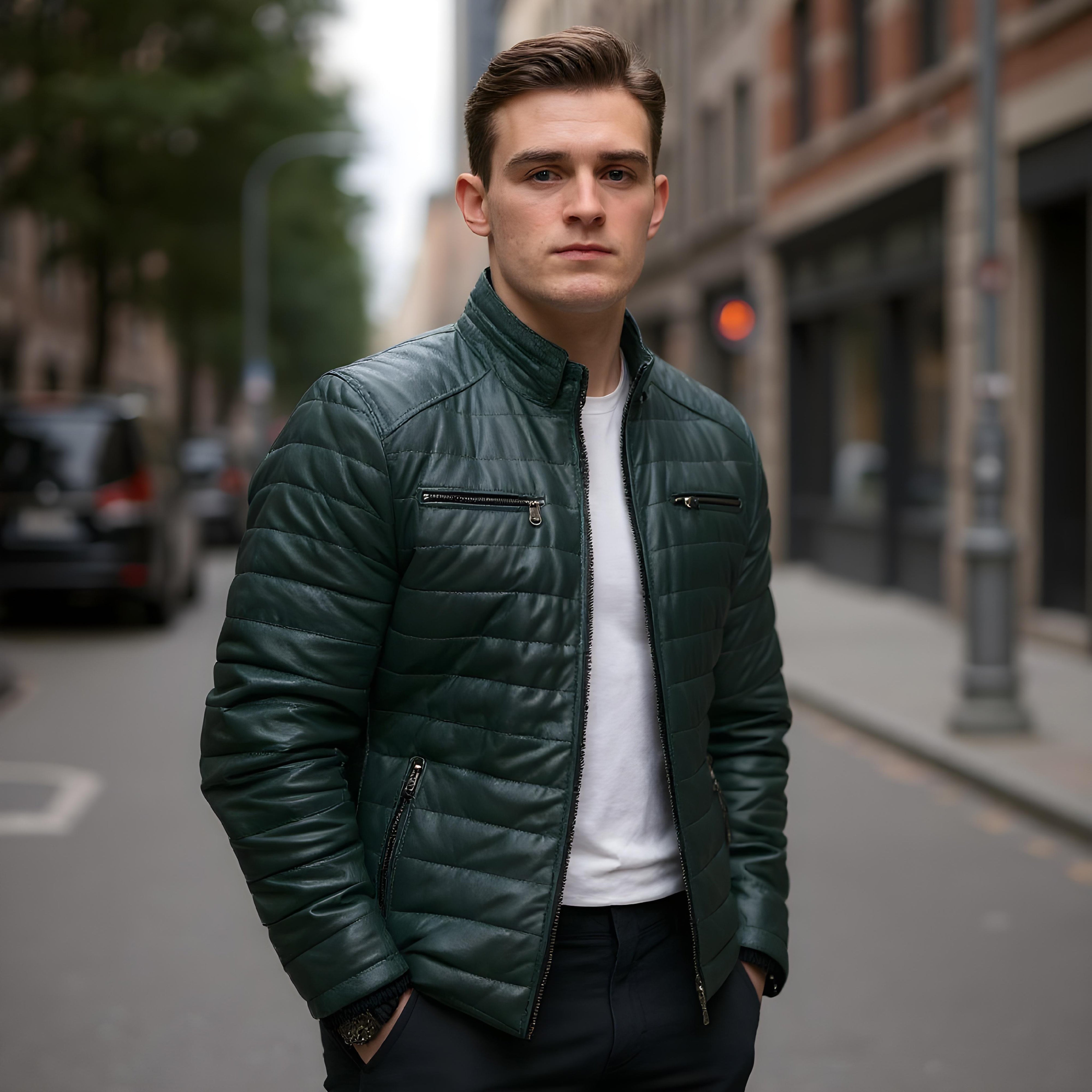 David men's puffer in dark green sheepskin leather - Lure Leather
