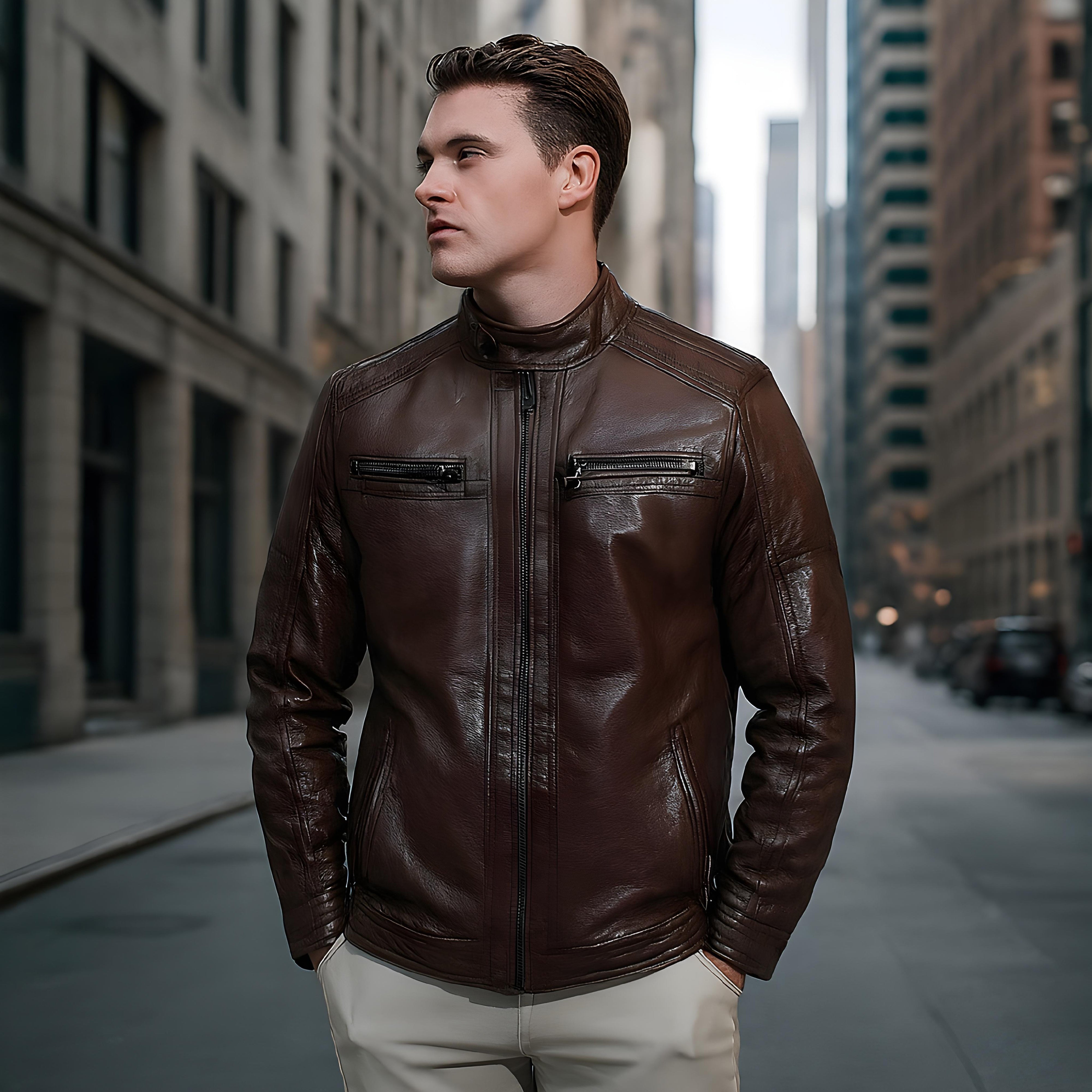 John men's cafe racer in dark cognac sheepskin leather - Lure Leather