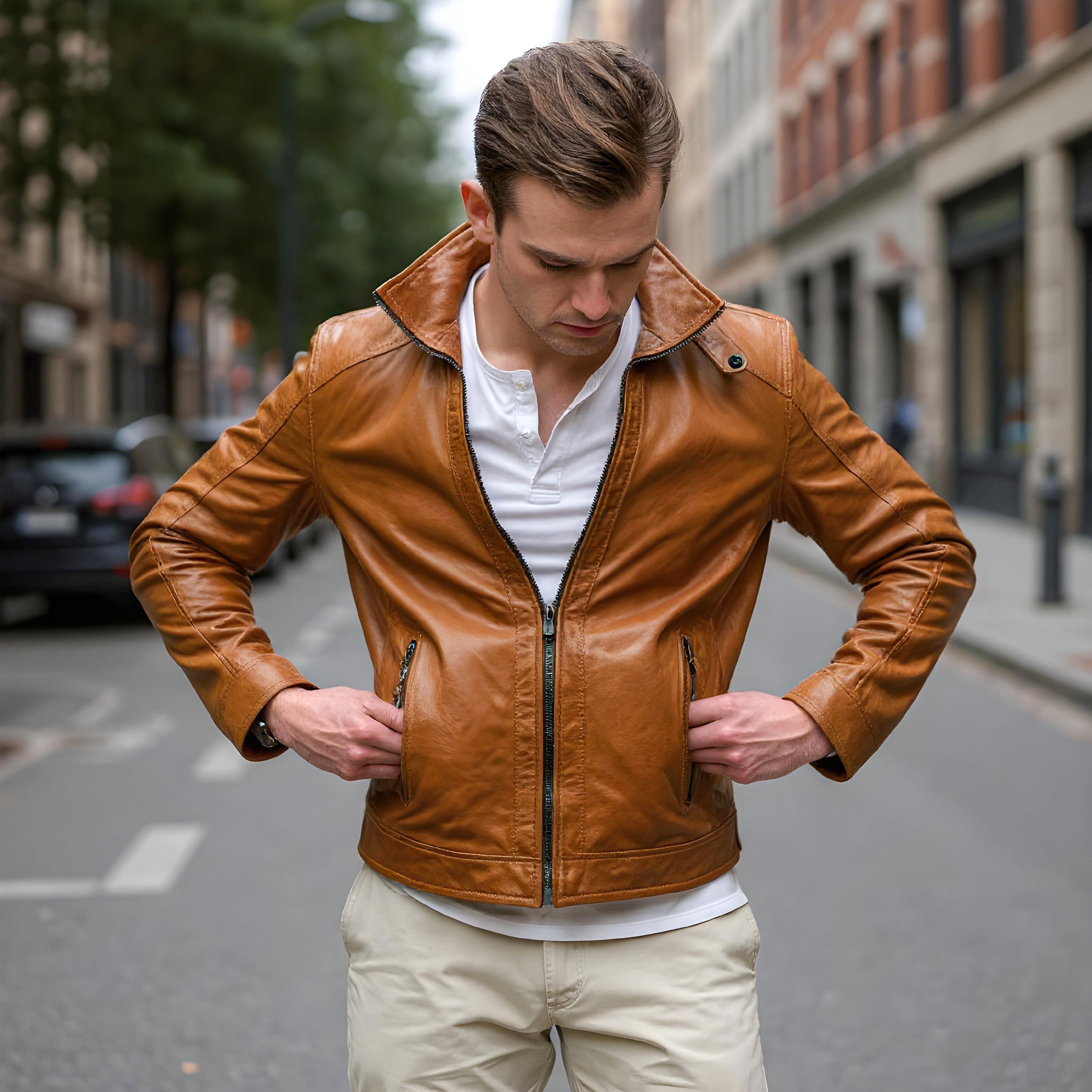 Benjamin Cafe Racer Jacket - Cognac Sheepskin Leather