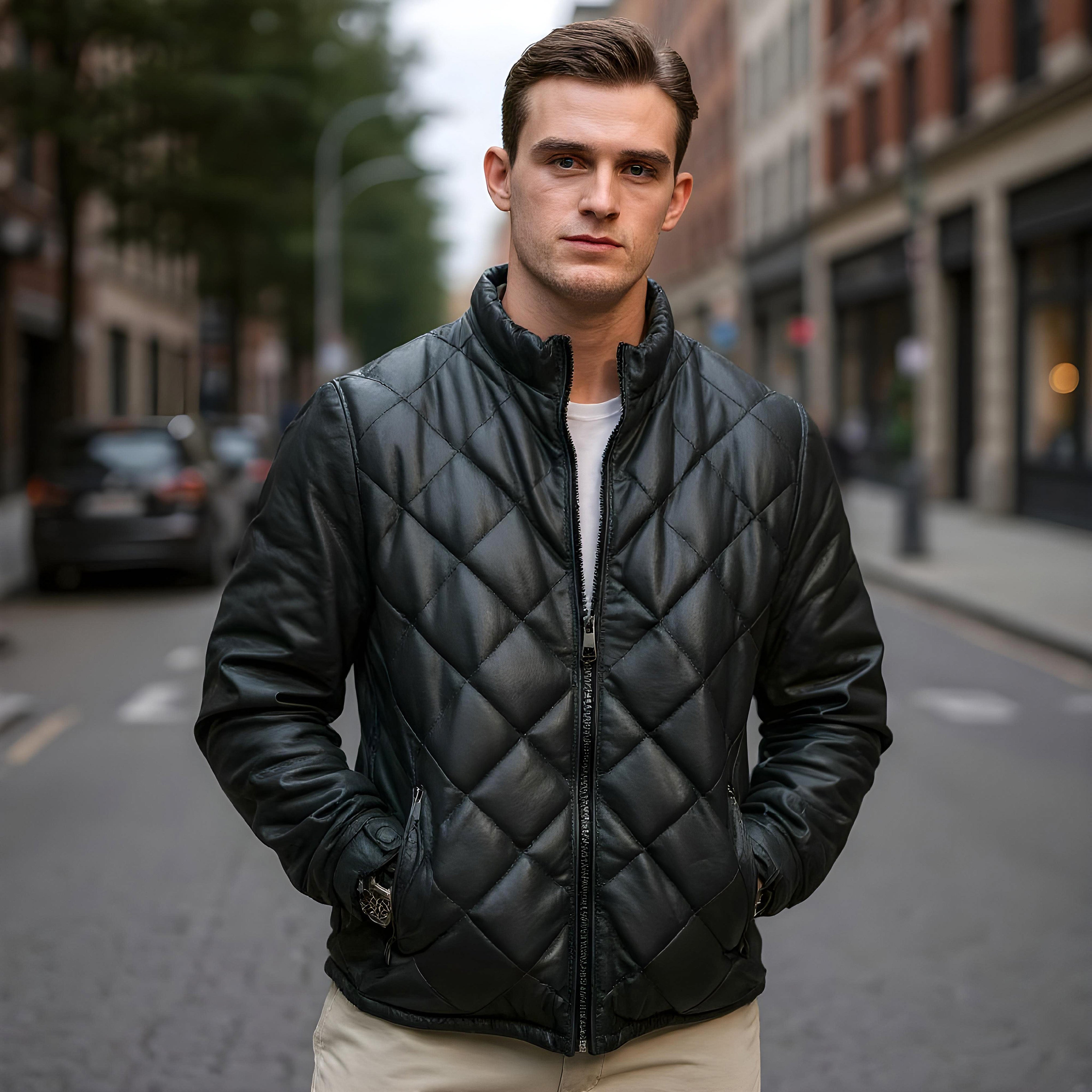 Jeff men's quilted jacket in black / anthracite sheepskin leather - Lure Leather