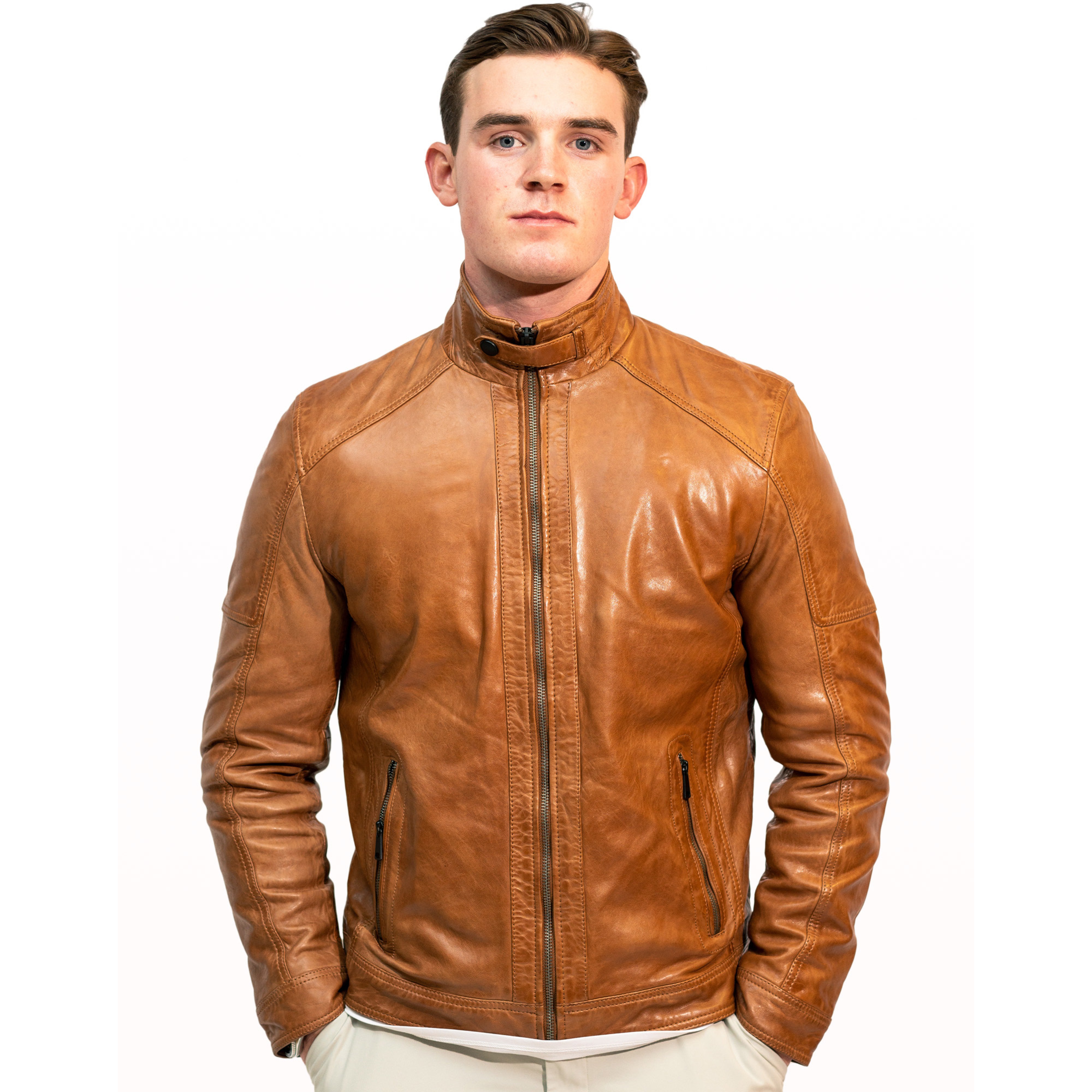 Benjamin Cafe Racer Jacket - Cognac Sheepskin Leather