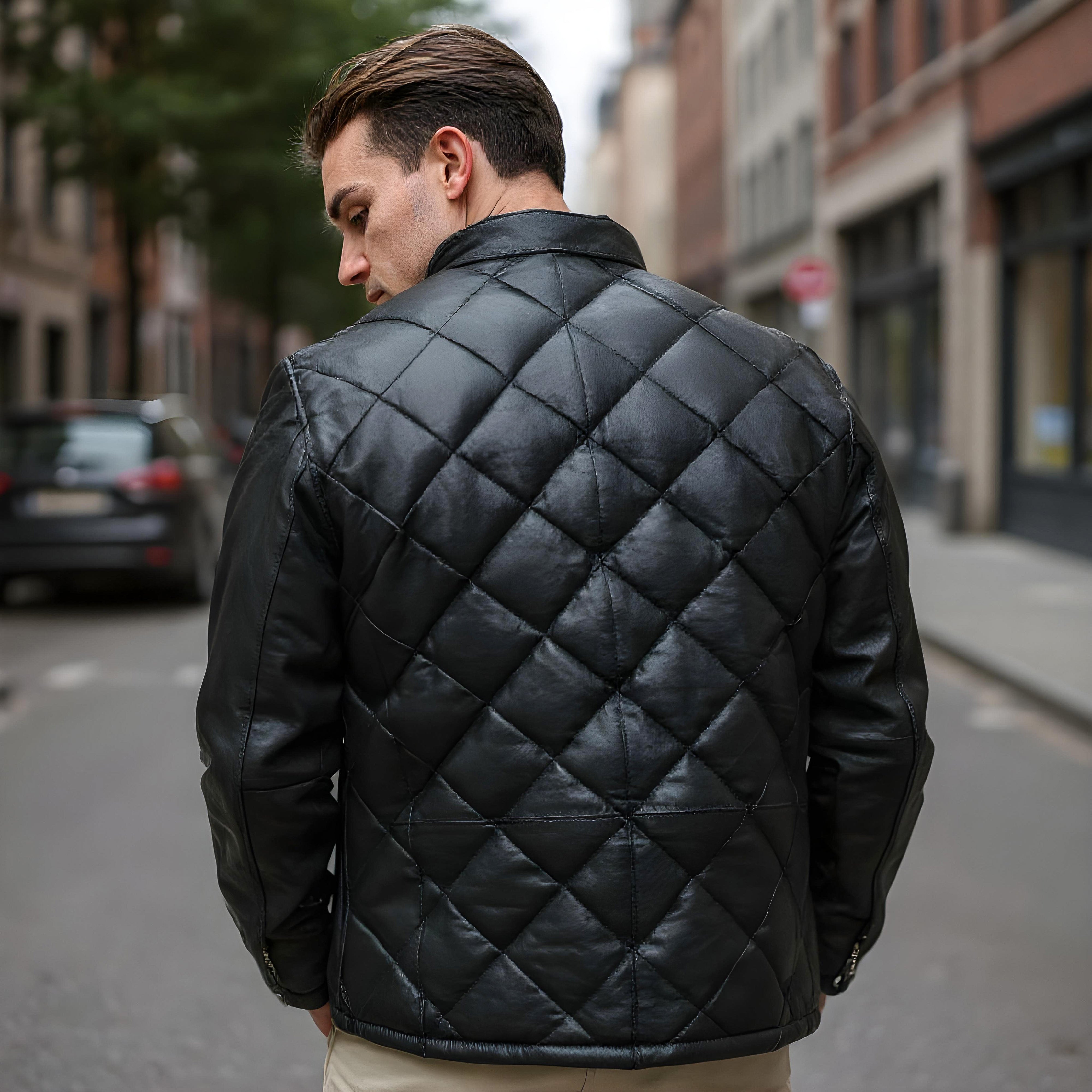 Jeff men's quilted jacket in black / anthracite sheepskin leather - Lure Leather