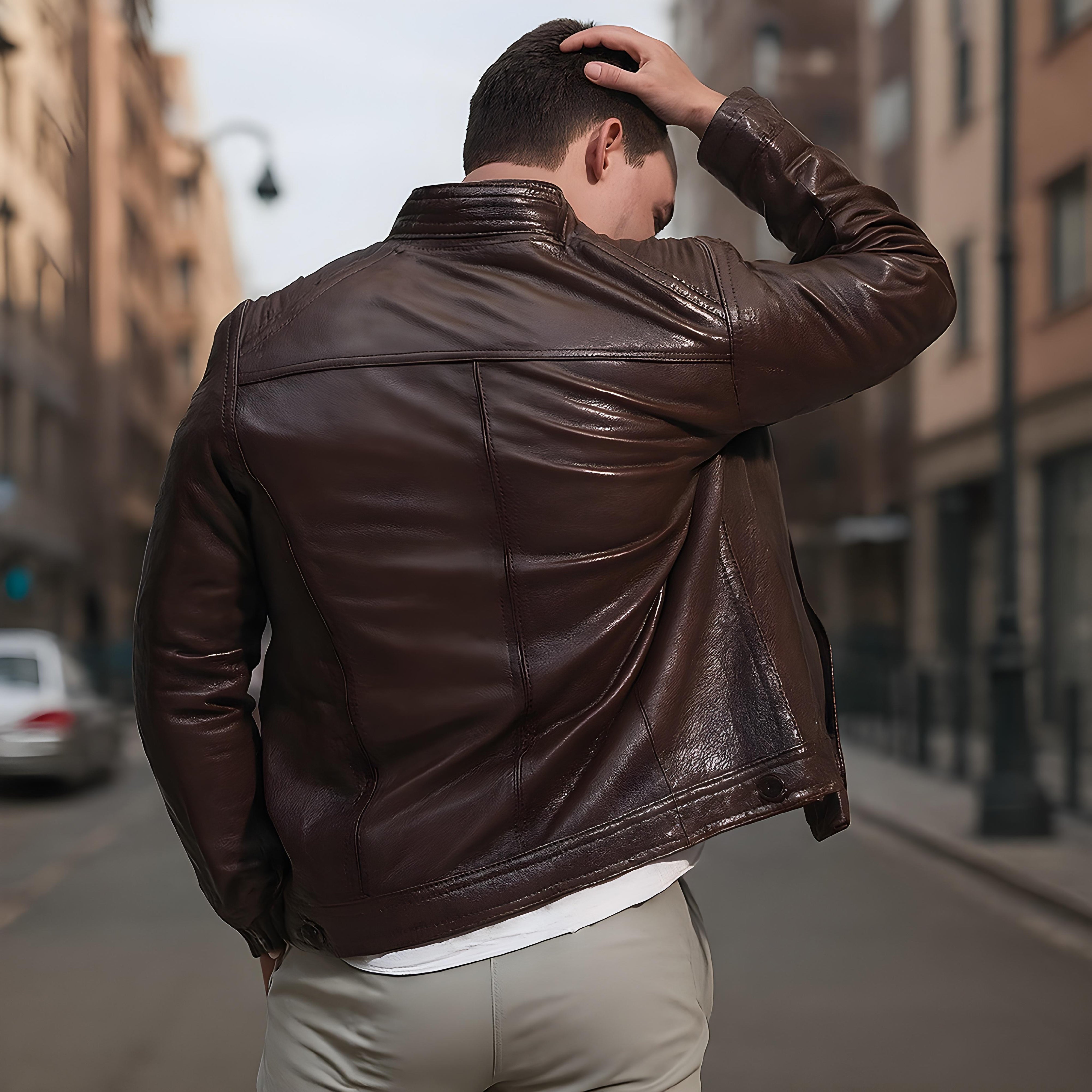 John men's cafe racer in dark cognac sheepskin leather - Lure Leather