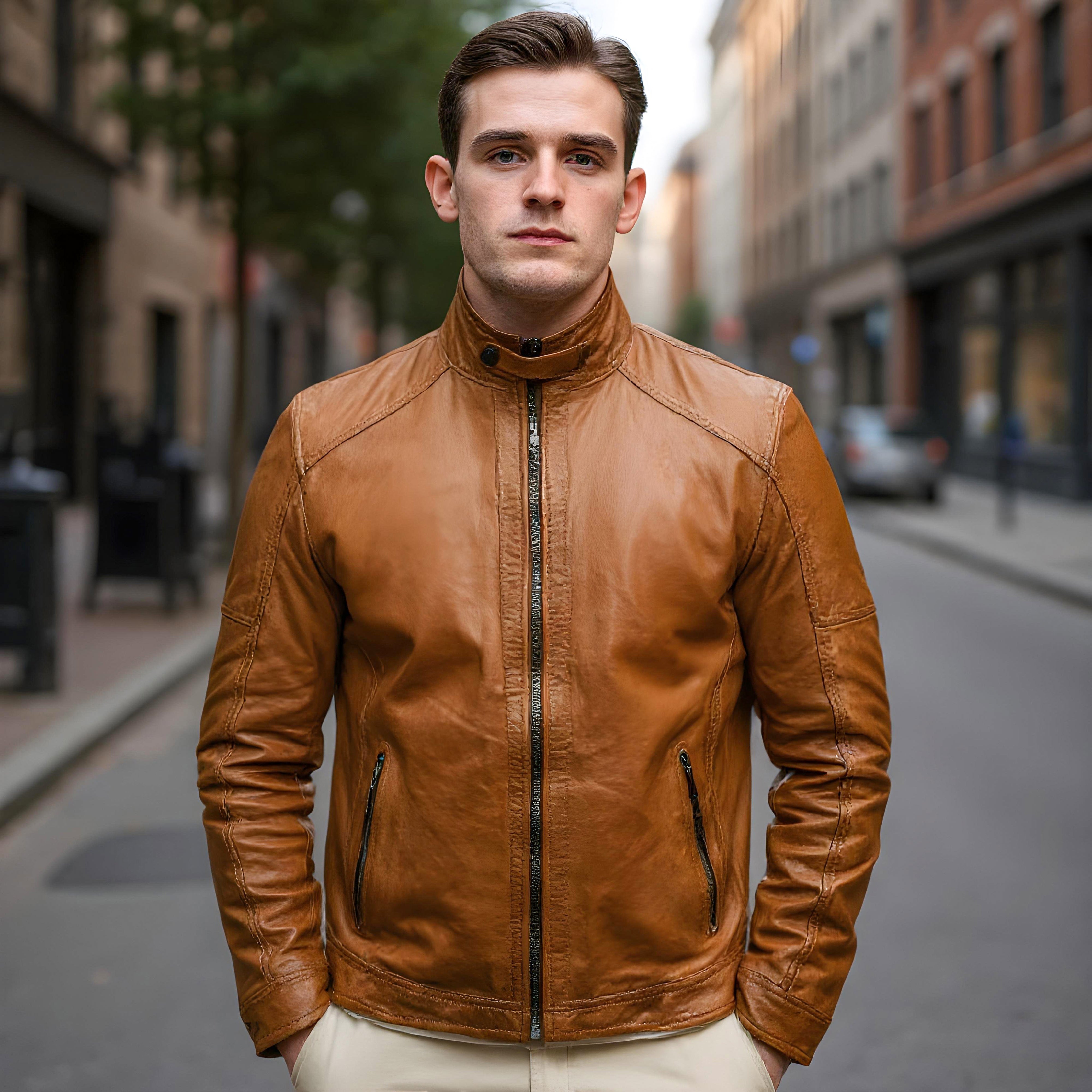 Benjamin Cafe Racer Jacket - Cognac Sheepskin Leather