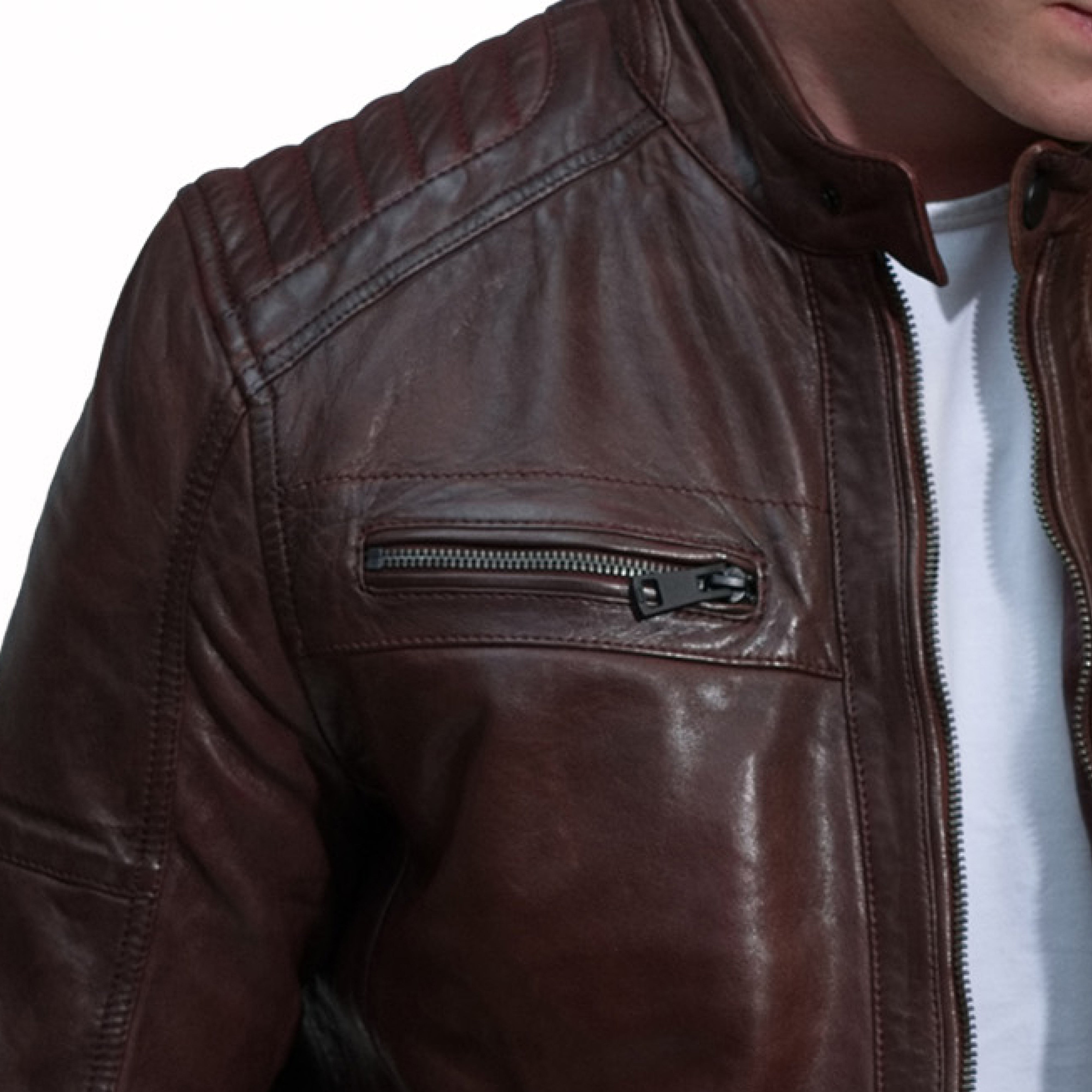 John men's cafe racer in dark cognac sheepskin leather - Lure Leather