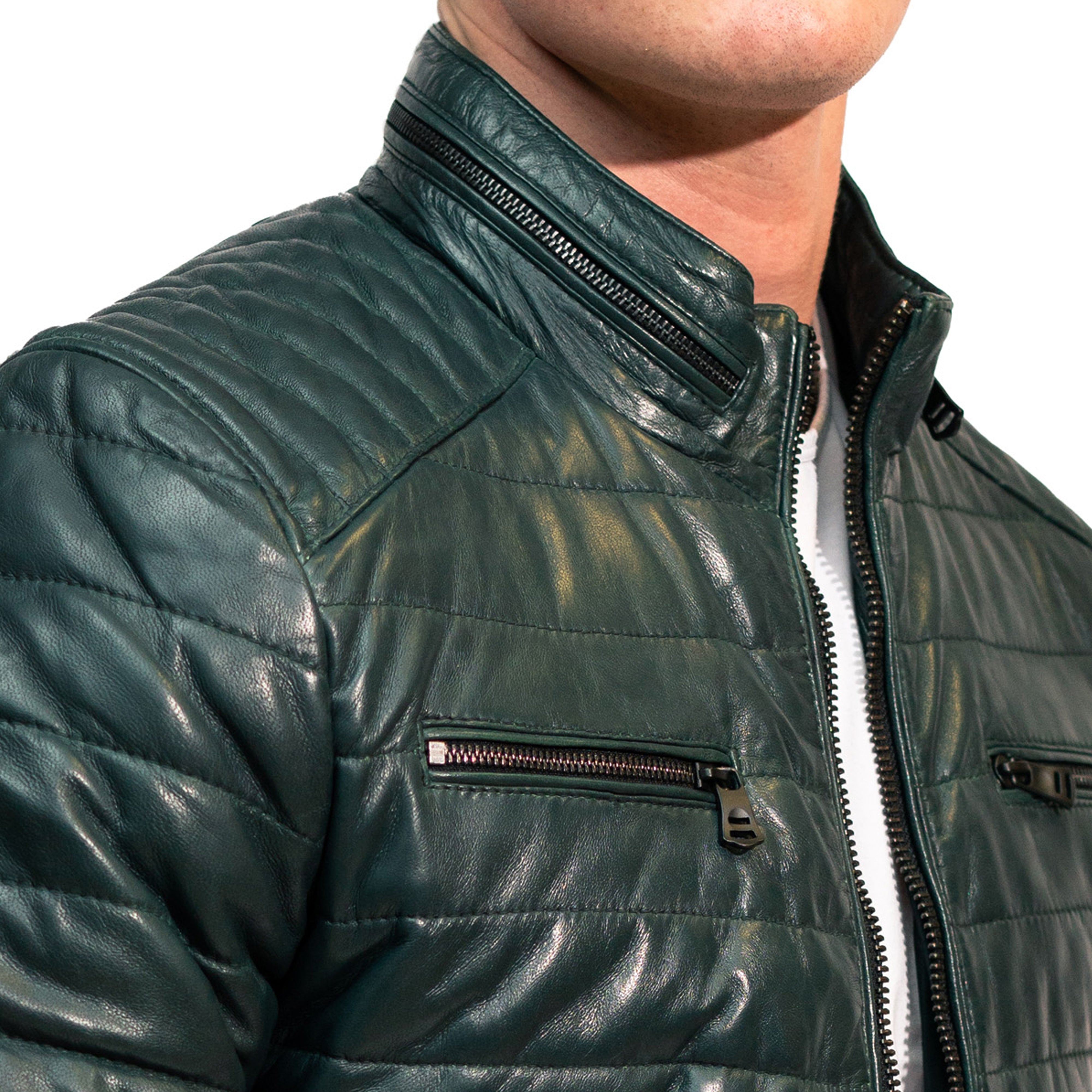 David men's puffer in dark green sheepskin leather - Lure Leather
