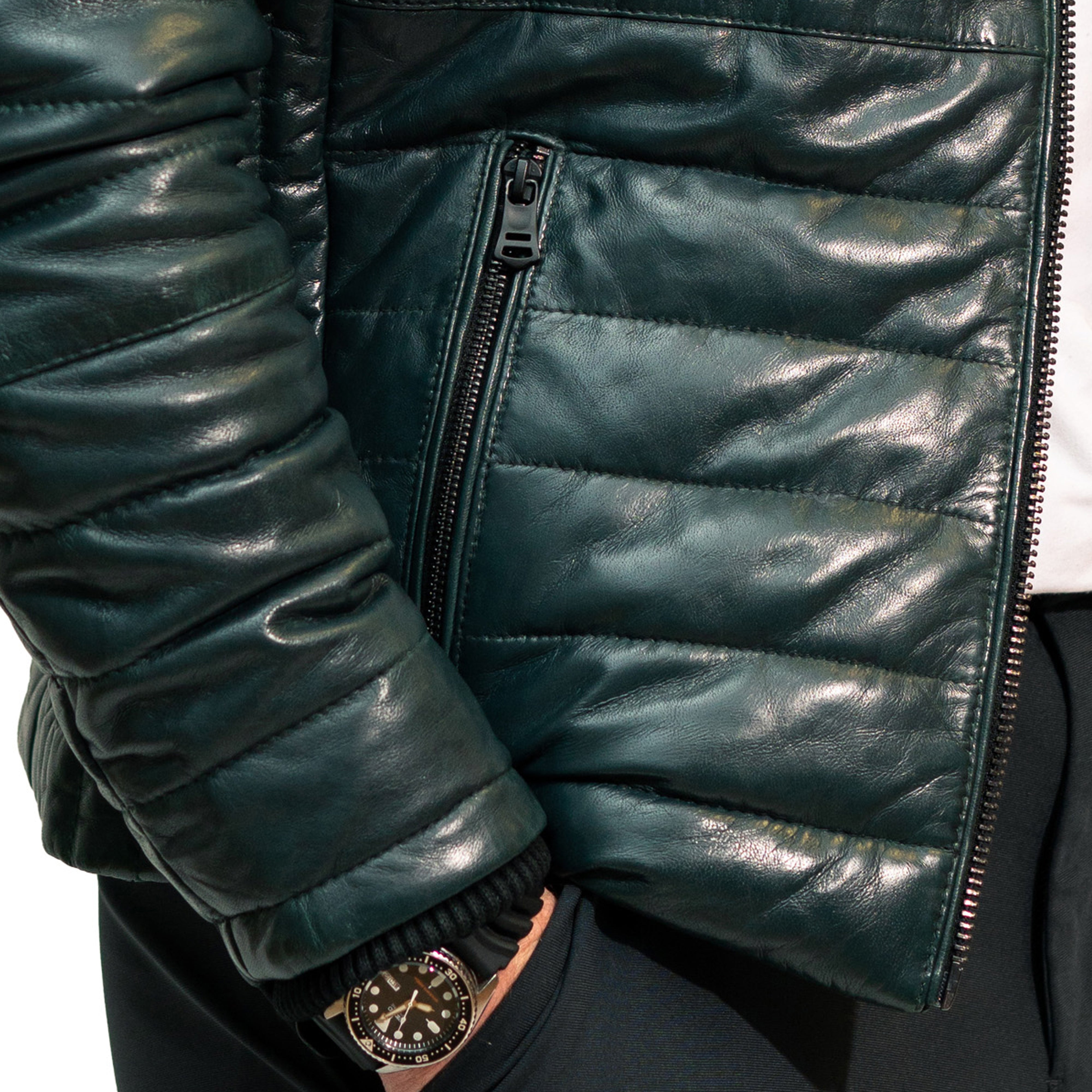David men's puffer in dark green sheepskin leather - Lure Leather
