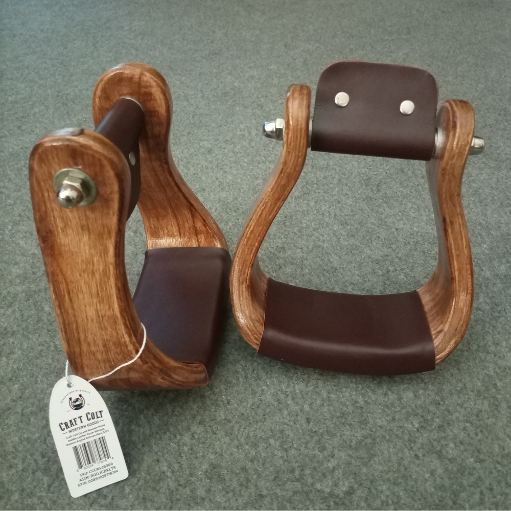 Curved Wooden Horse Saddle Leather Cover Stirrups, Western Angled Stirrups