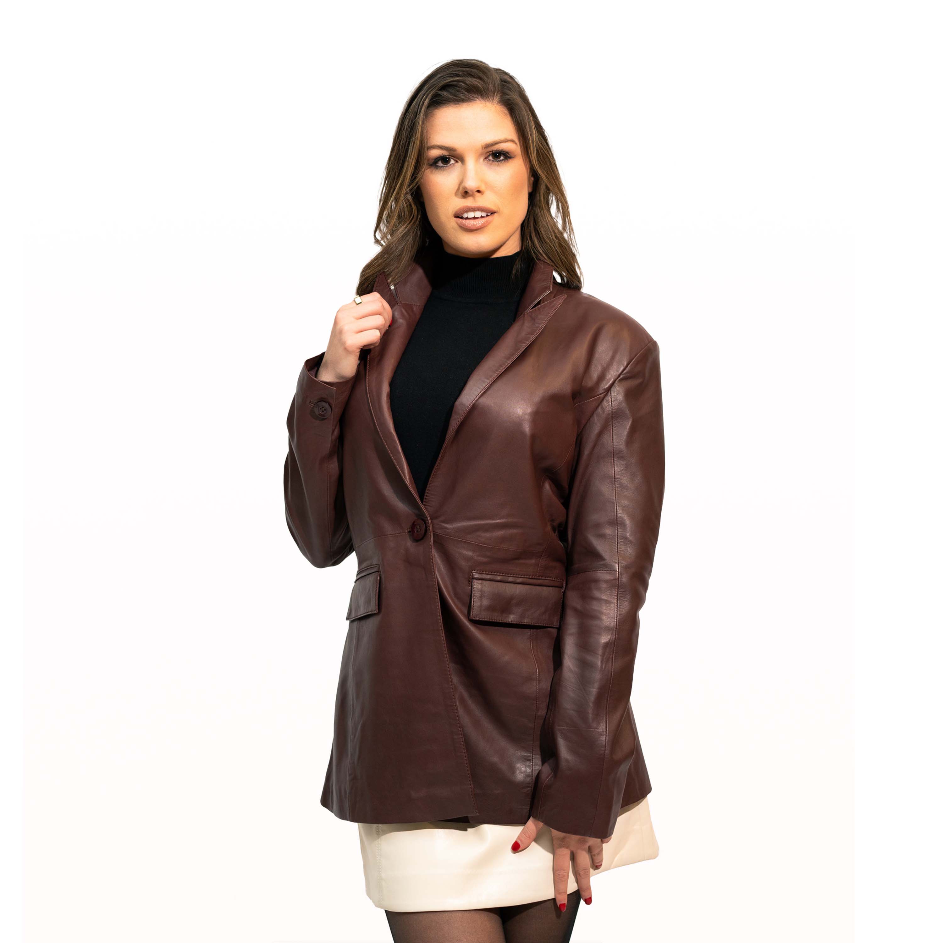 Sarha women's blazer in oxblood / burgundy sheepskin leather - Lure Leather
