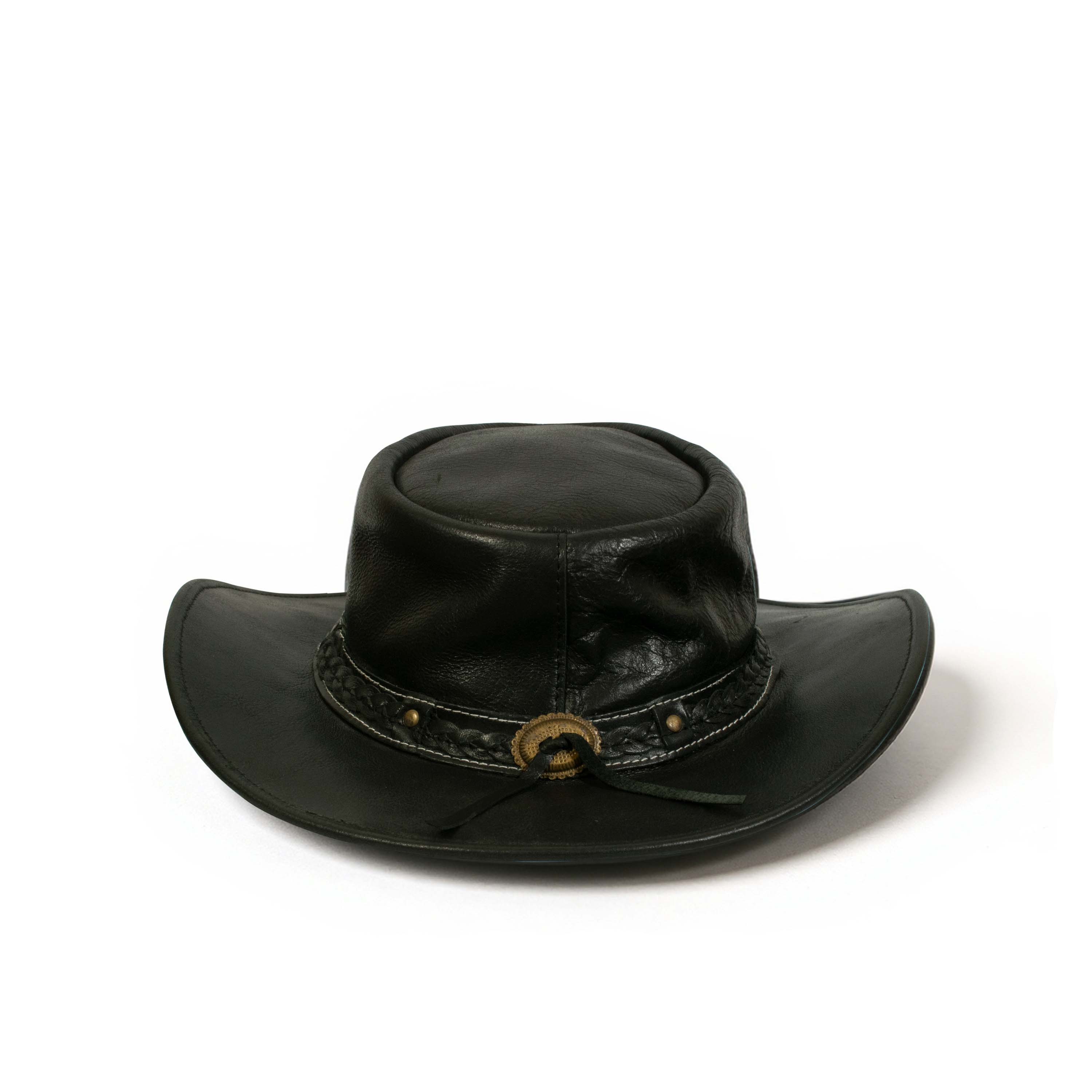 Craft Colt Crushable Water Buffalo Leather Cowboy Hat — Black Wide Brim Outback with Braided Concho Band & Chin Cord
