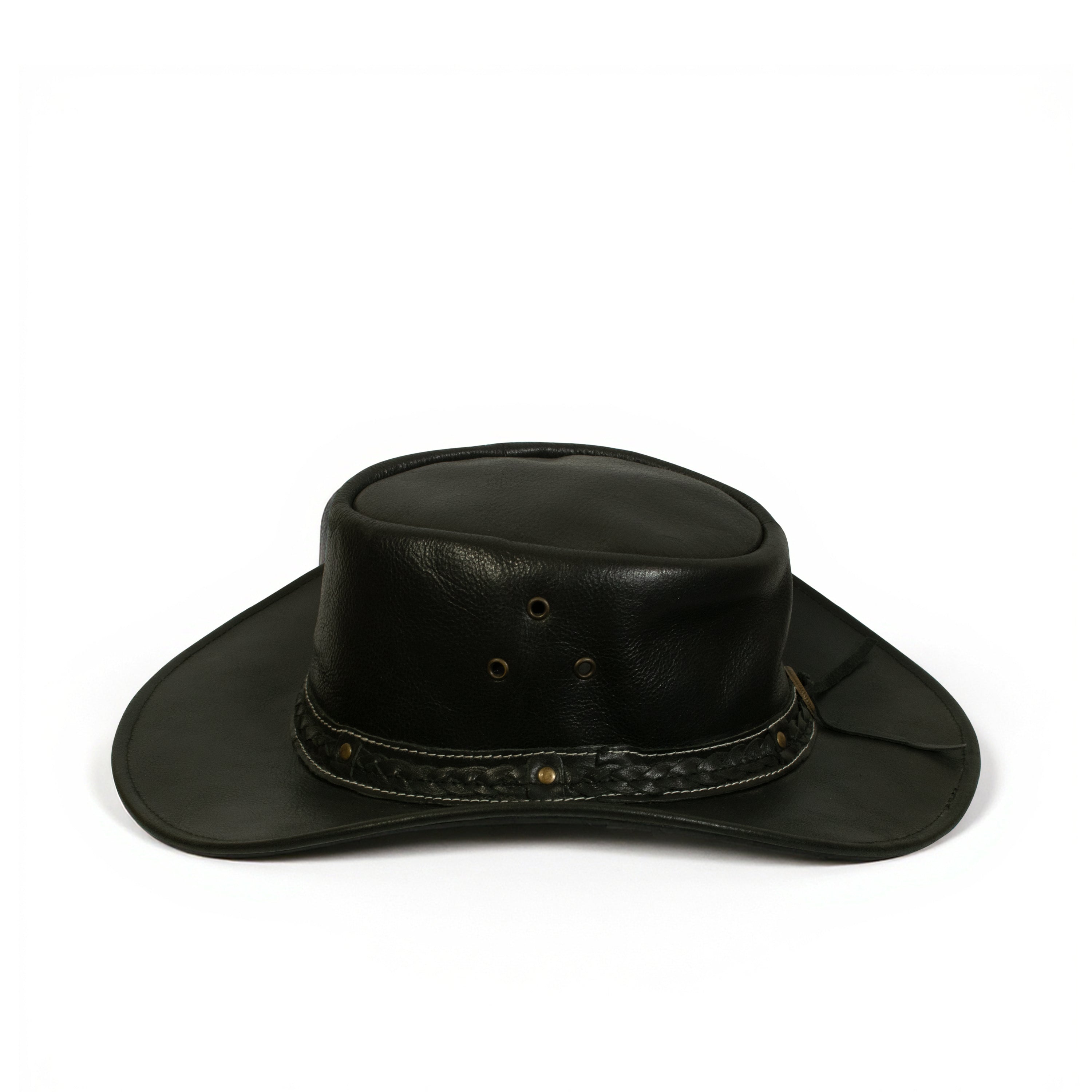 Craft Colt Crushable Water Buffalo Leather Cowboy Hat — Black Wide Brim Outback with Braided Concho Band & Chin Cord