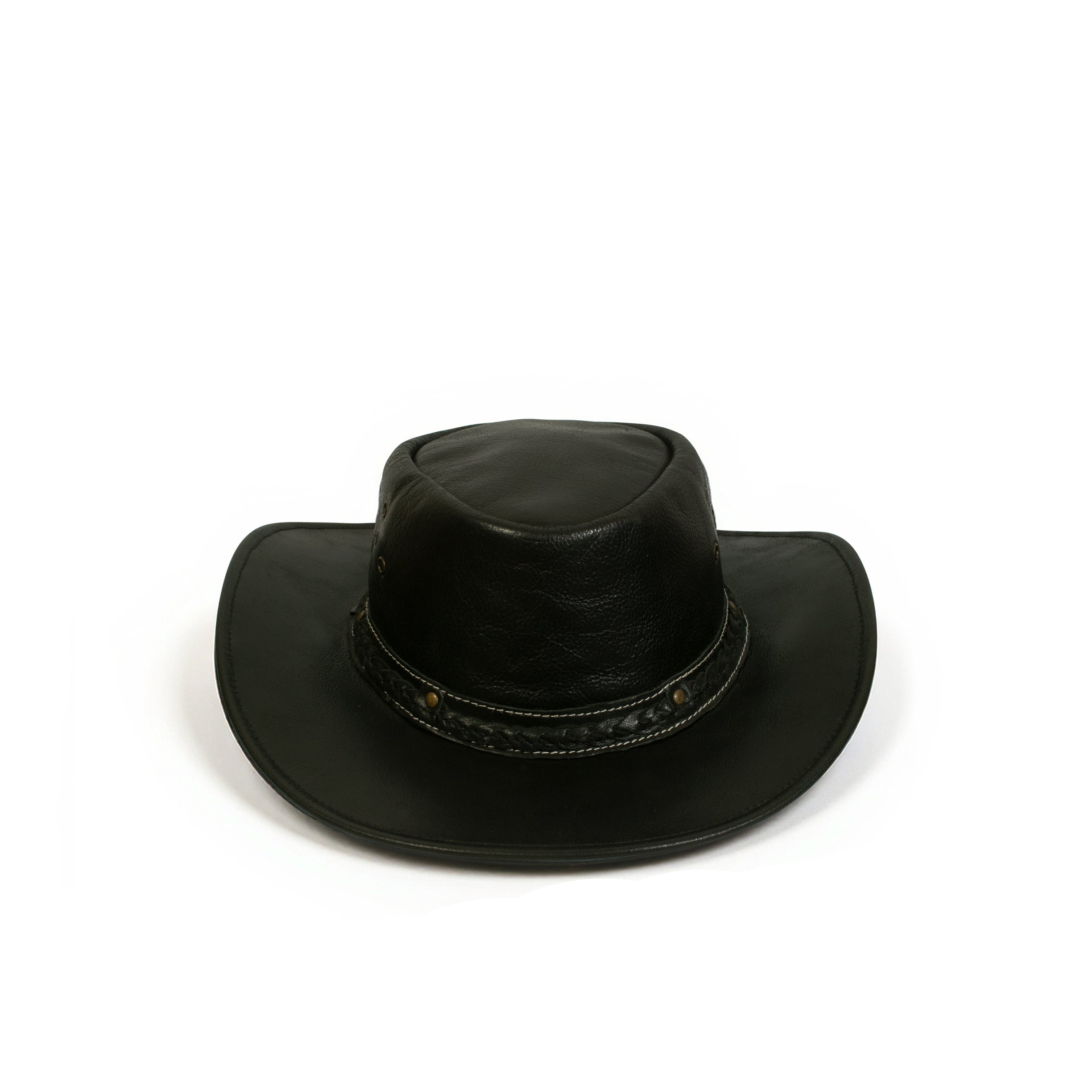 Craft Colt Crushable Water Buffalo Leather Cowboy Hat — Black Wide Brim Outback with Braided Concho Band & Chin Cord