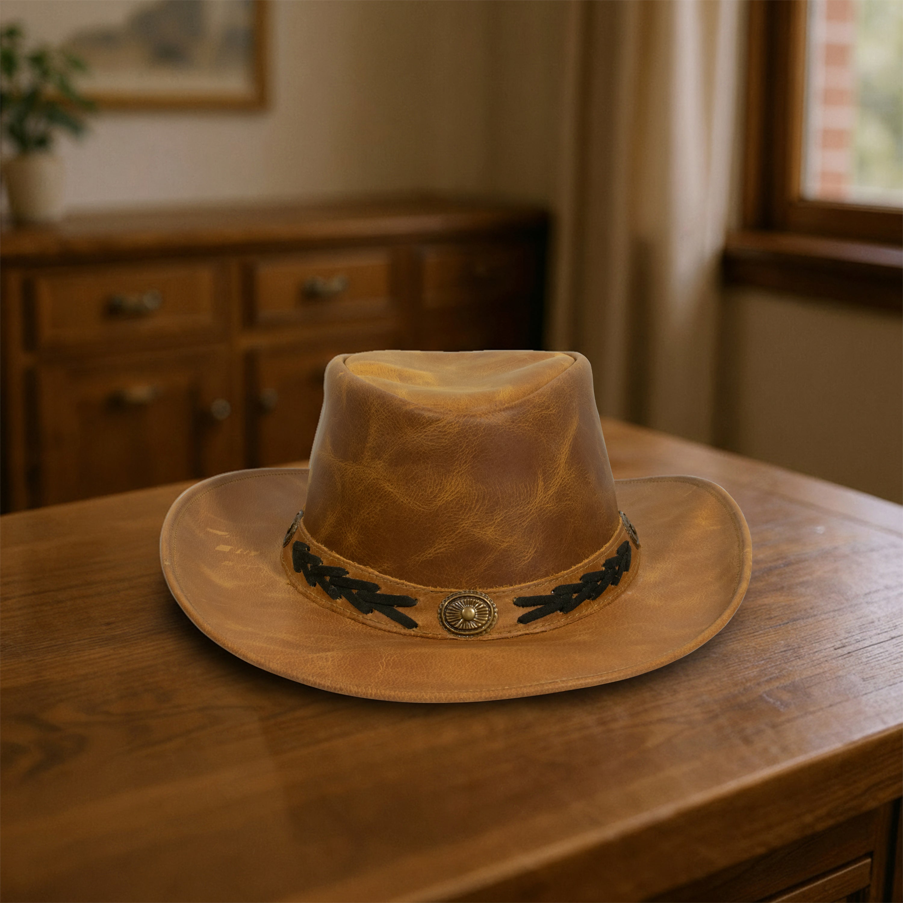 Craft Colt Crushable Water Buffalo Leather Cowboy Hat — Tan Wide Brim Western with Black-Laced Concho Band