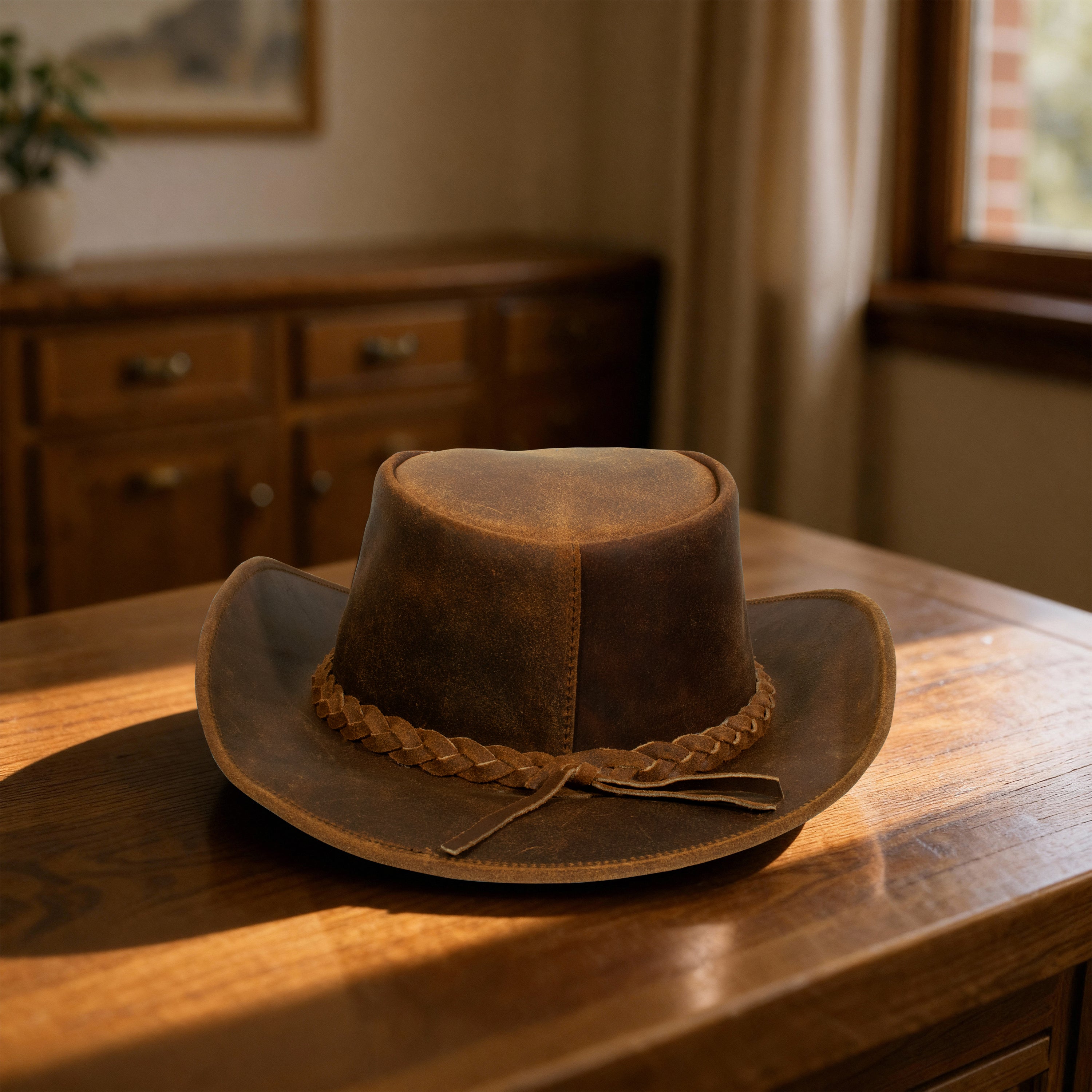 Craft Colt Crushable Water Buffalo Leather Cowboy Hat — Rust Distressed Wide Brim Outback with Braided Suede Band
