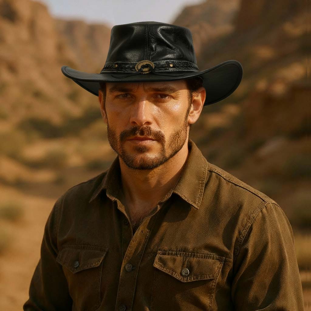 Craft Colt Crushable Water Buffalo Leather Cowboy Hat — Black Wide Brim Outback with Braided Concho Band & Chin Cord