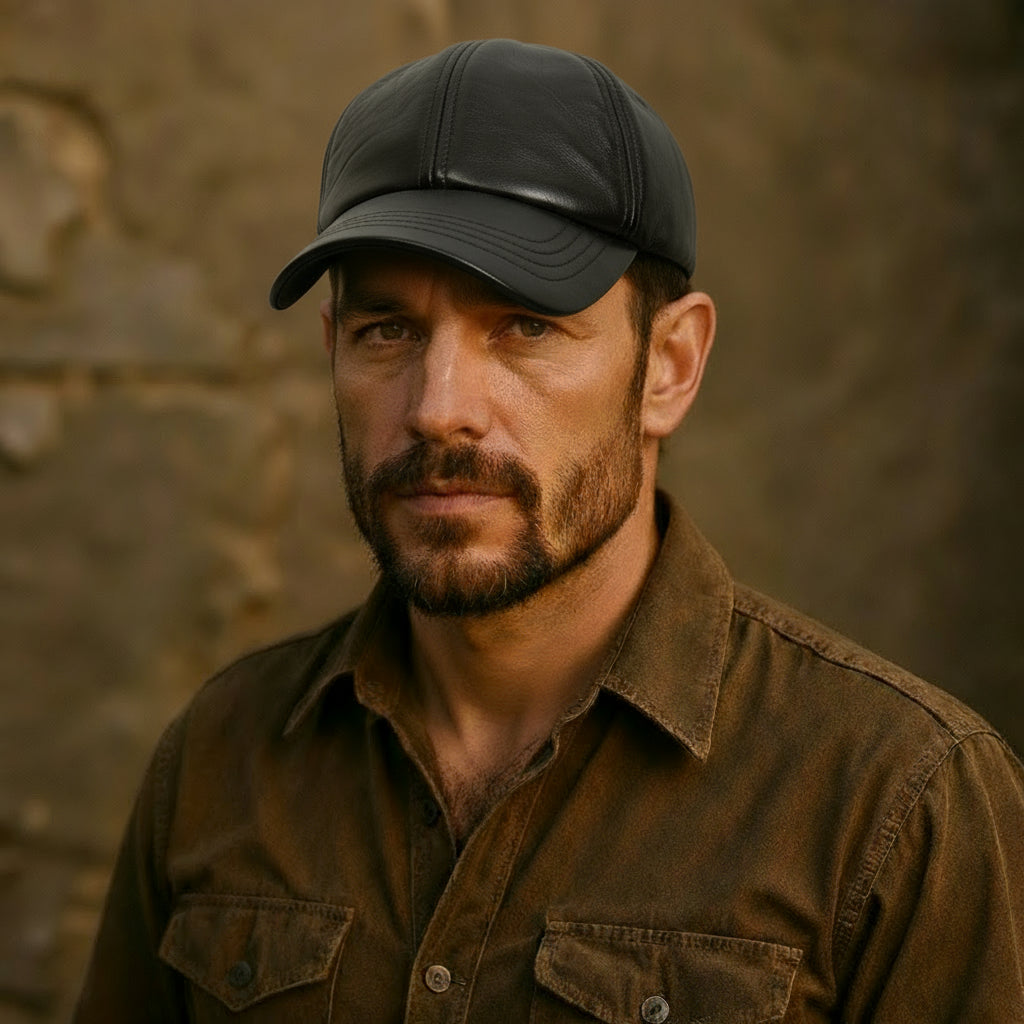 Craft Colt Genuine Leather Baseball Cap — Black 6-Panel with Curved Peak & Adjustable Rear Strap
