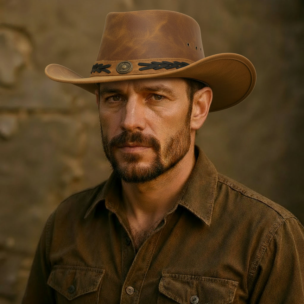 Craft Colt Crushable Water Buffalo Leather Cowboy Hat — Tan Wide Brim Western with Black-Laced Concho Band