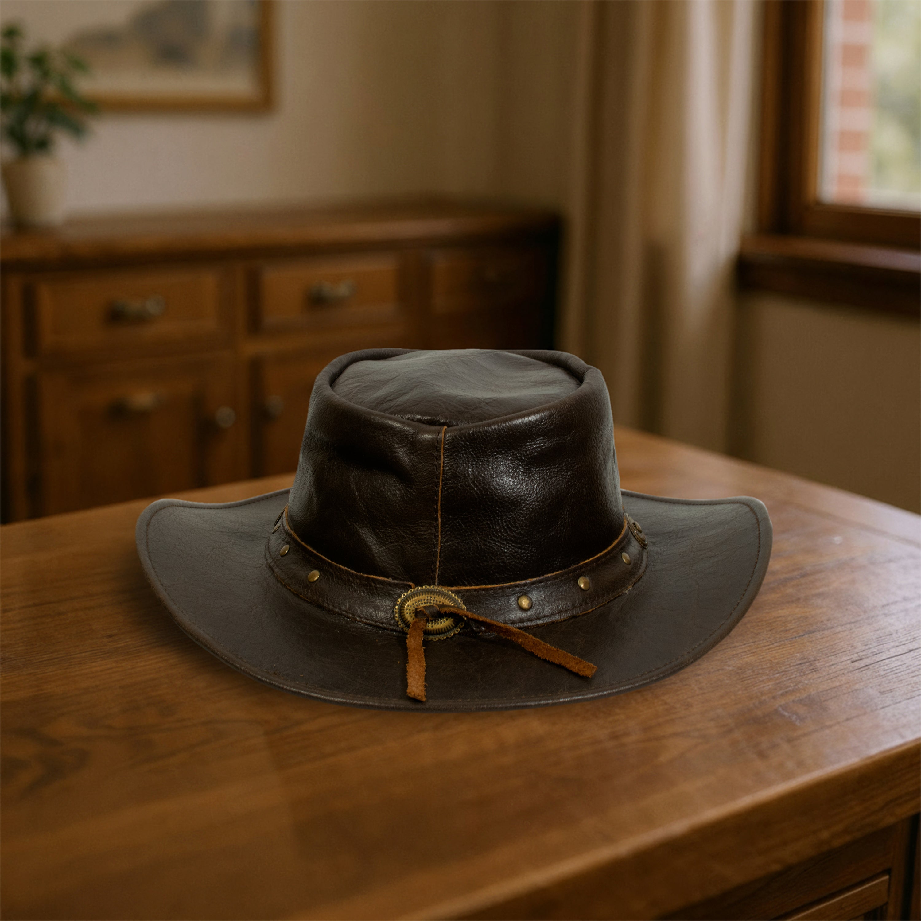 Craft Colt Crushable Water Buffalo Leather Cowboy Hat — Dark Olive Brown Wide Brim Outback with Braided Leather Band